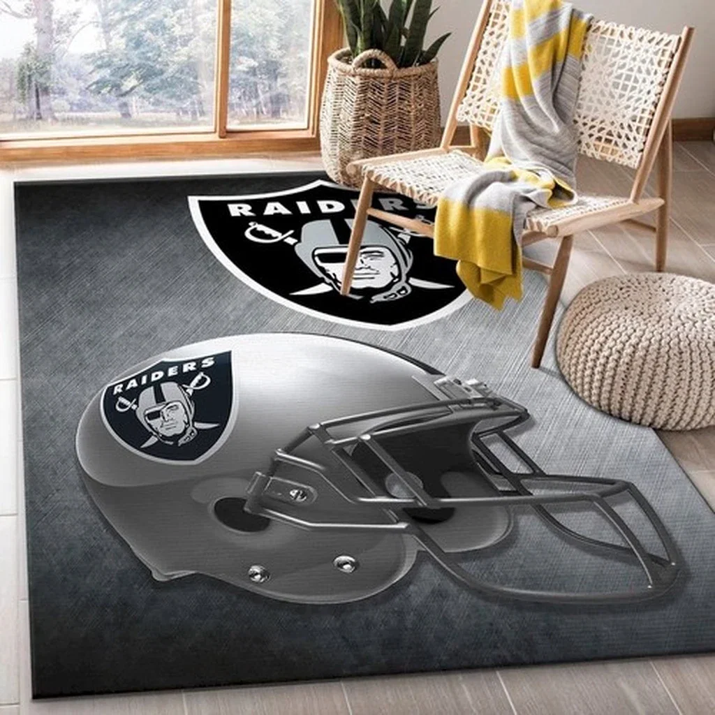 Raiders Football Helmet Area Rug for Fan Room Decor Black and Gray