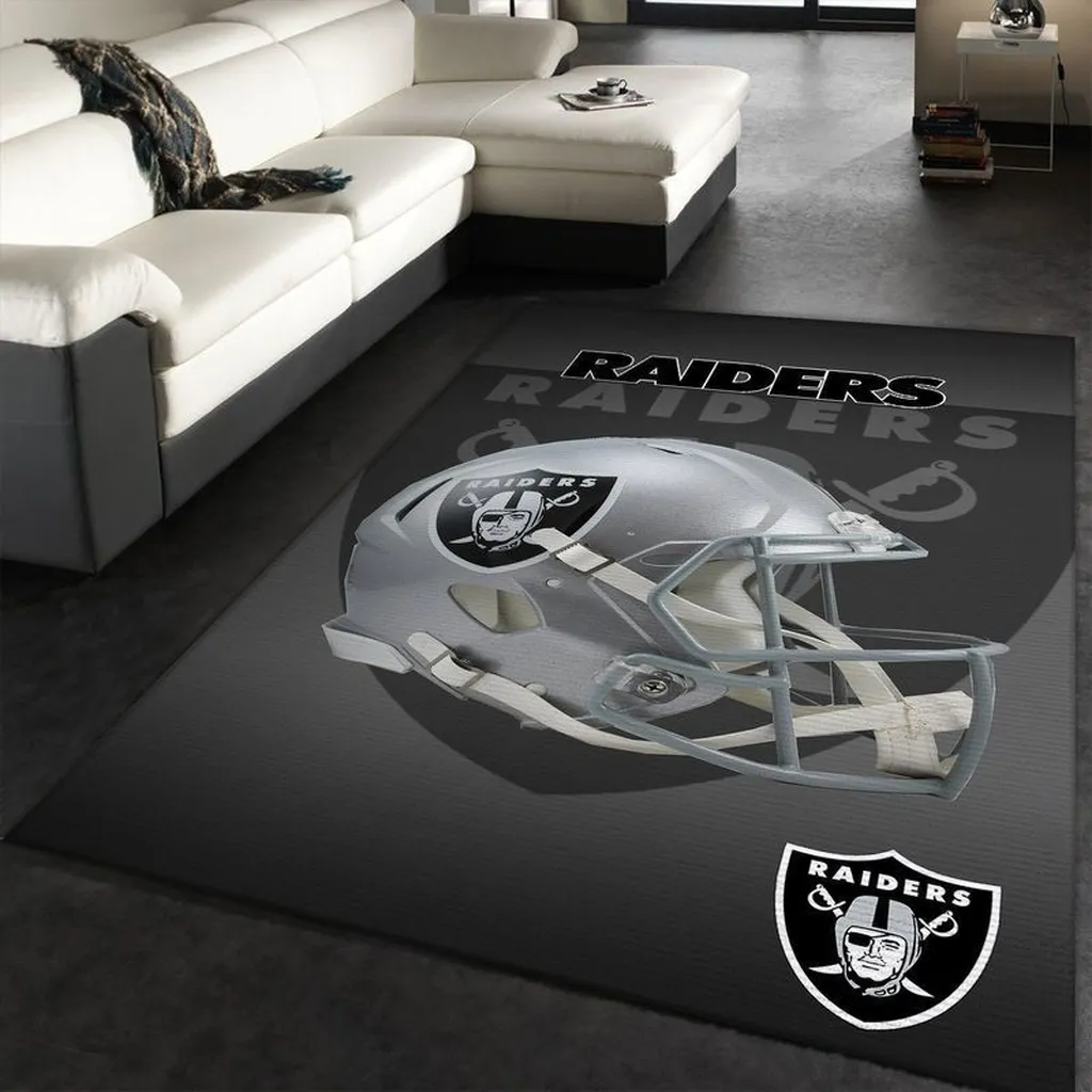 Raiders Football Helmet Area Rug for Game Room Decor Black and Gray