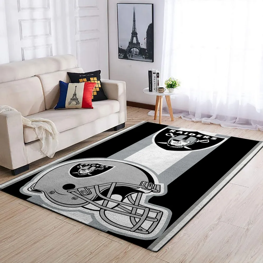 Raiders Football Helmet Rug for Living Room Decor Black and Gray