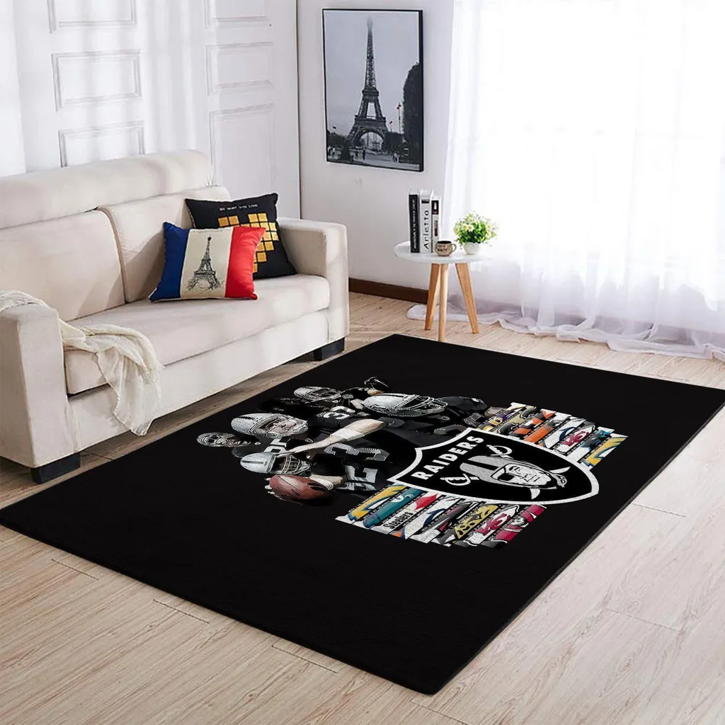 Raiders Football Team Logo Area Rug for Fans Black and White