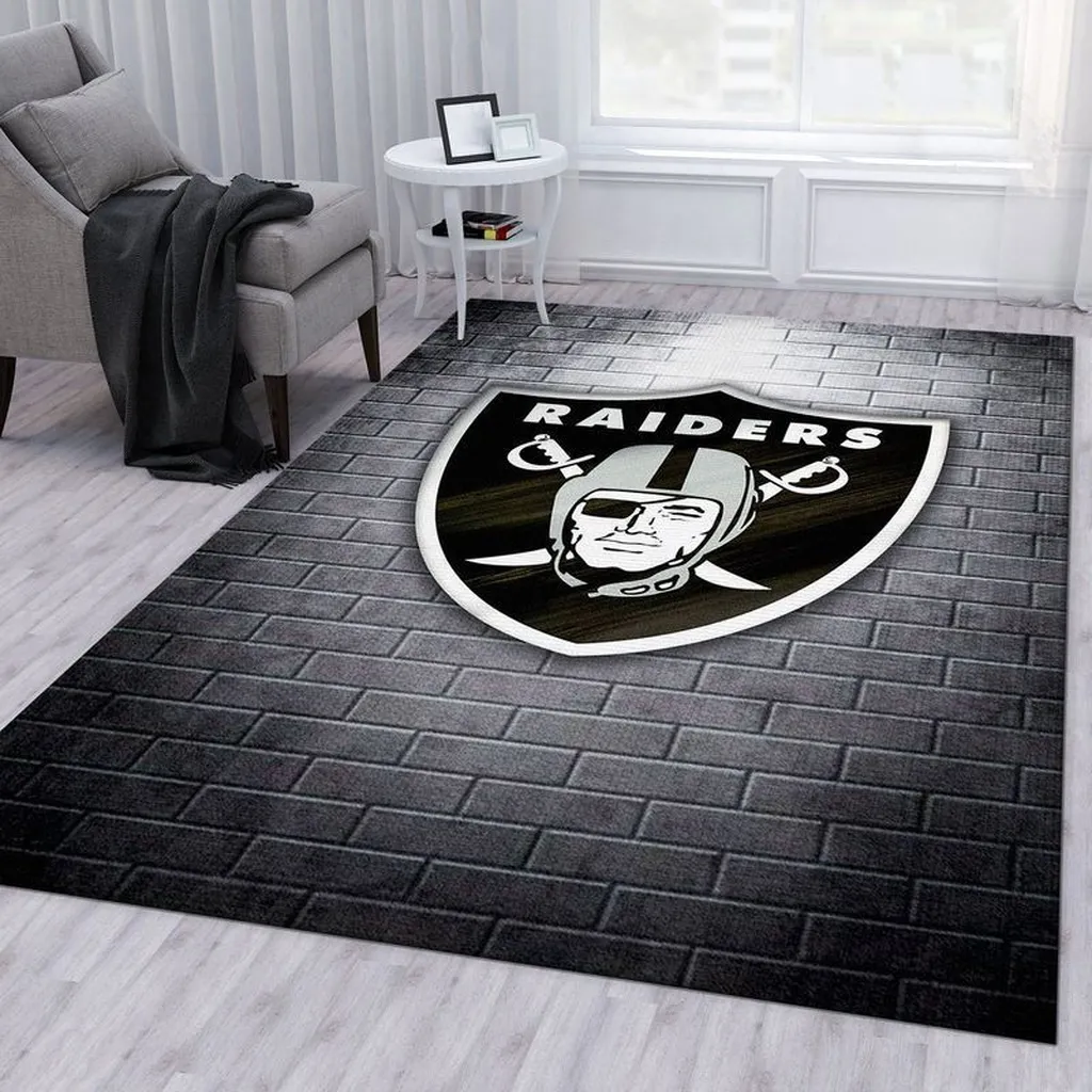 Raiders Logo Brick Pattern Rug for Living Room Black and Gray