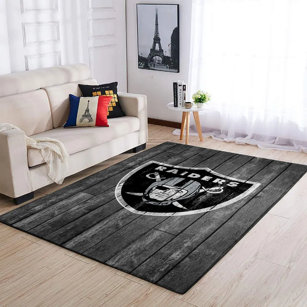 Raiders Logo Rug with Wooden Floor Design for Living Room Black and Gray