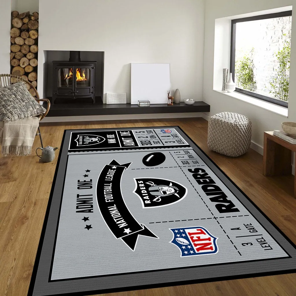 Raiders NFL Ticket Style Area Rug for Living Room Black and Gray