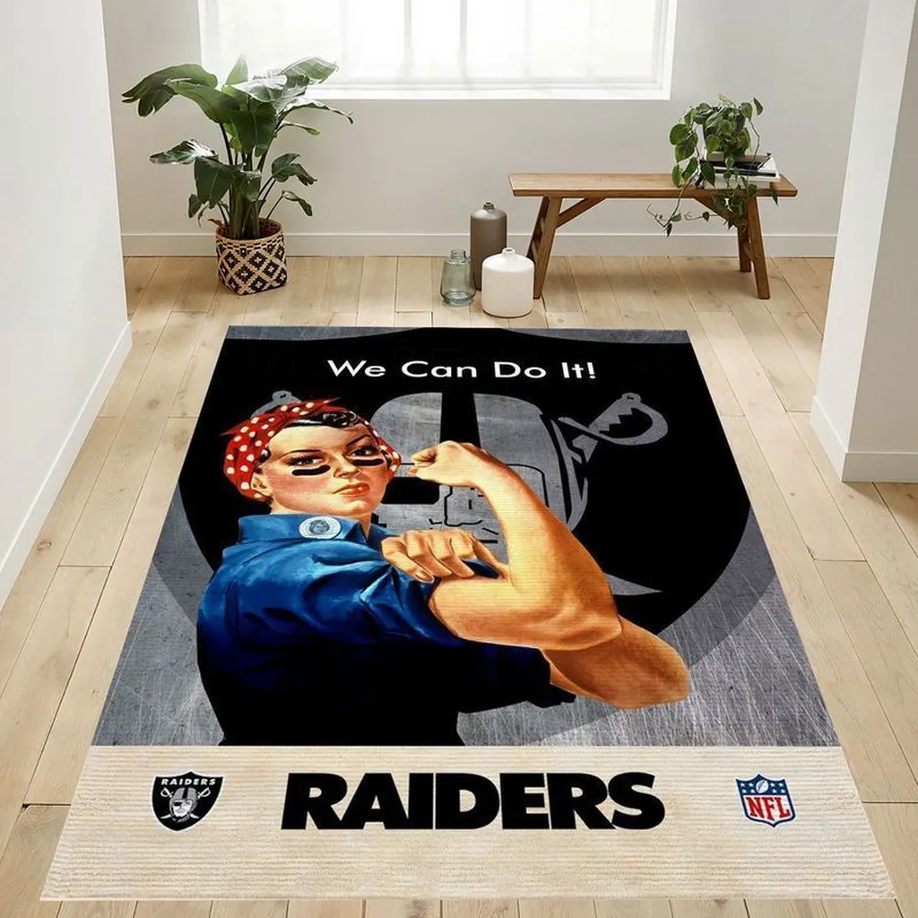 Raiders NFL Vintage Style Area Rug We Can Do It Design Beige and Blue