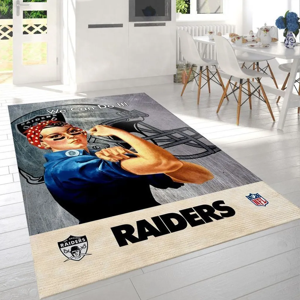Raiders Rug Featuring Retro Rosie We Can Do It Design Beige and Blue