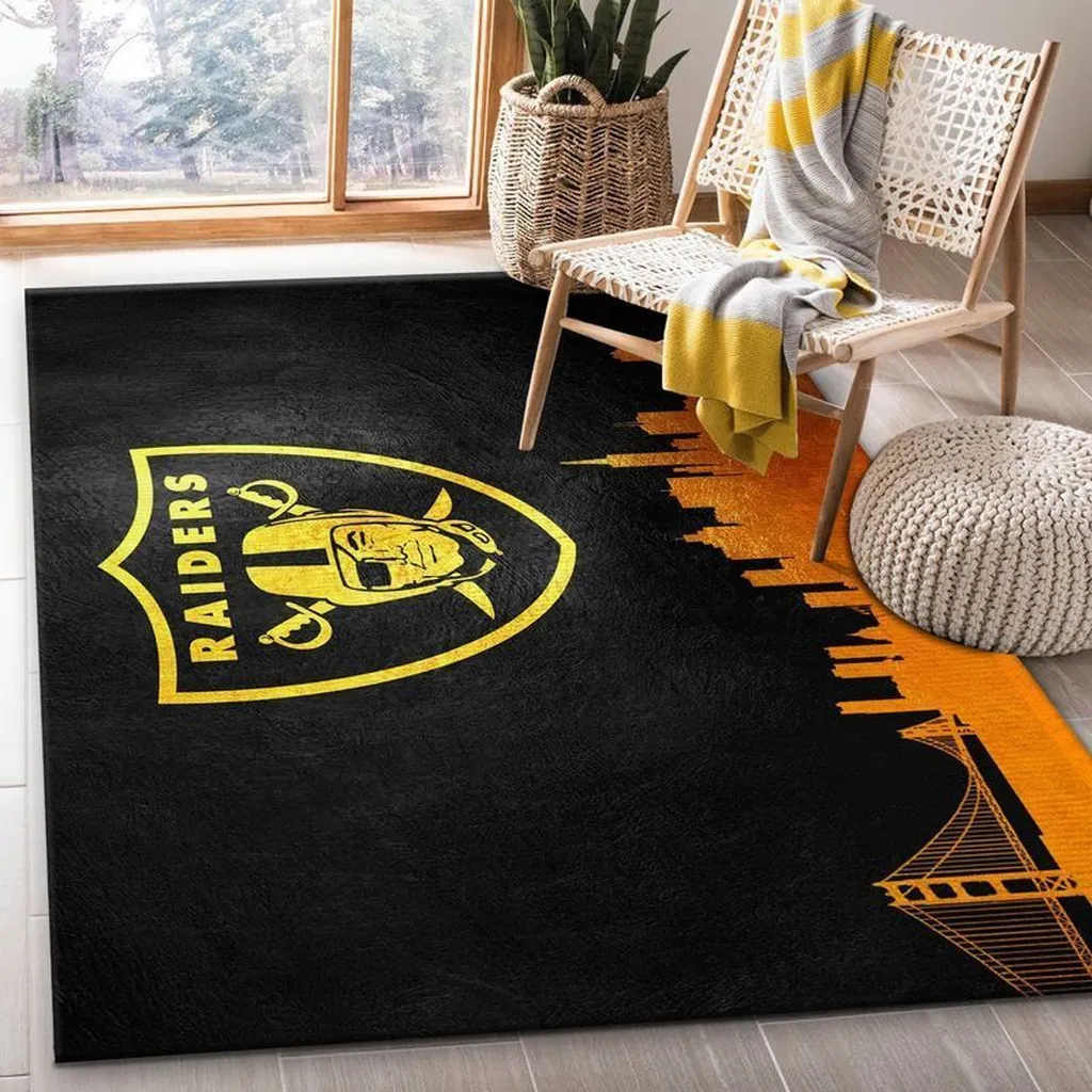 Raiders Rug with City Skyline Design for Game Room Black and Yellow