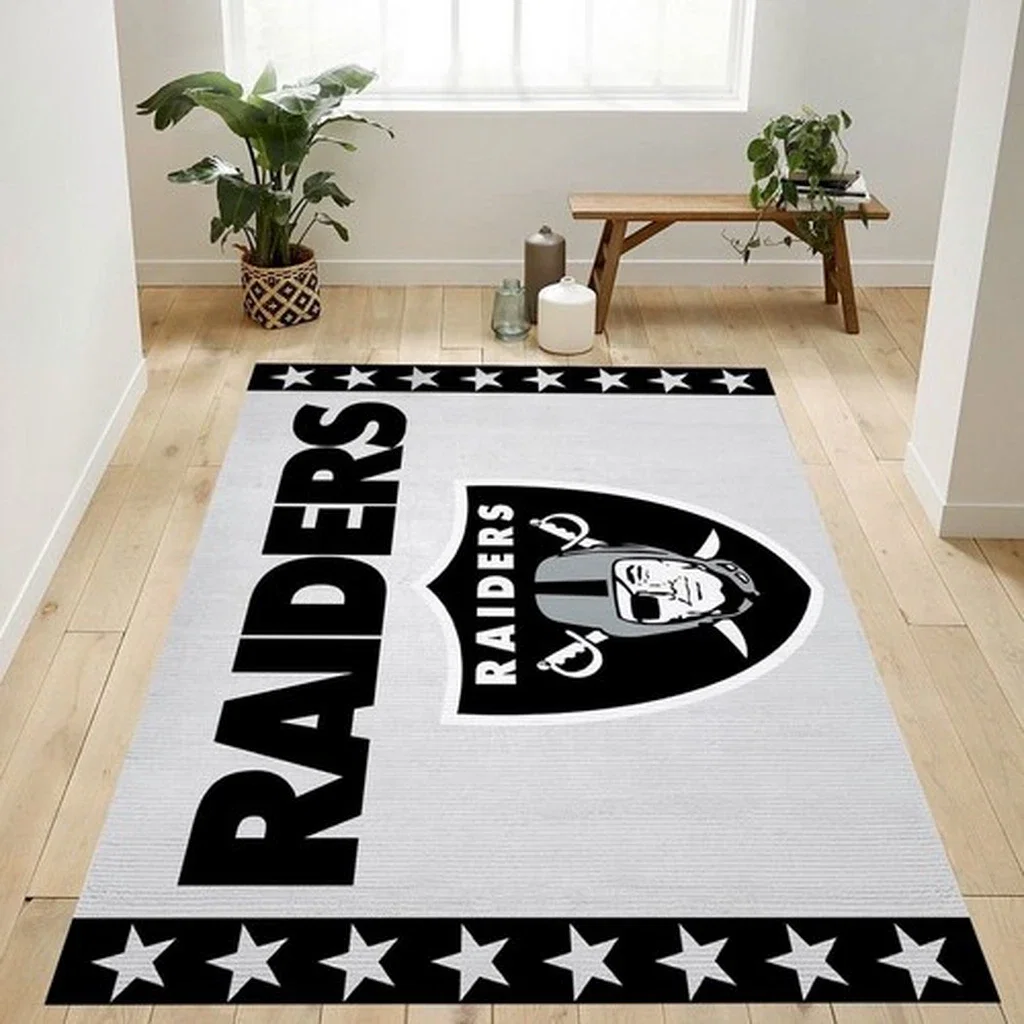 Raiders Rug with Star Border for Modern Decor Black and White