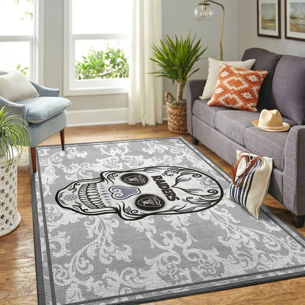 Raiders Skull Pattern Rug for Living Room Decor Black and Gray