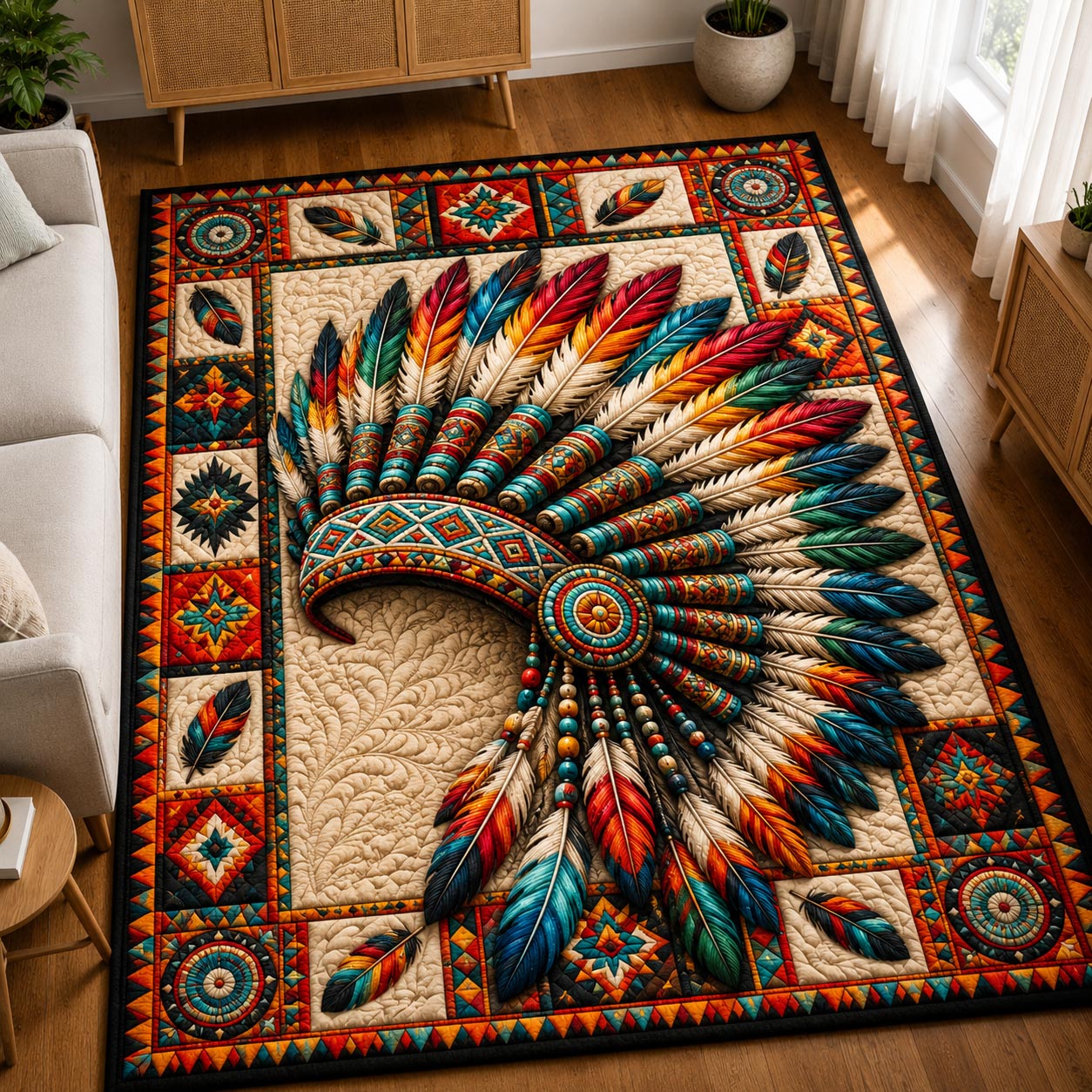 Rainbow Plume Headdress Area Rug - Non-Slip Washable 3D Print Rug for Living Room & BedroomTVC210858