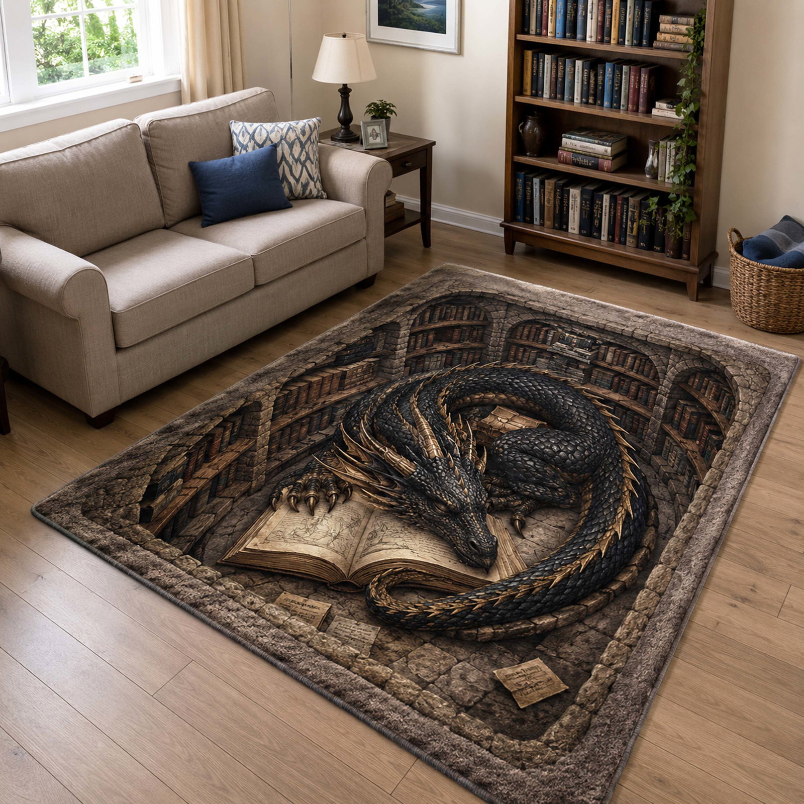 Reading Dragon Area Rug - Non-Slip Washable 3D Print Rug for Living Room & BedroomTVC210848