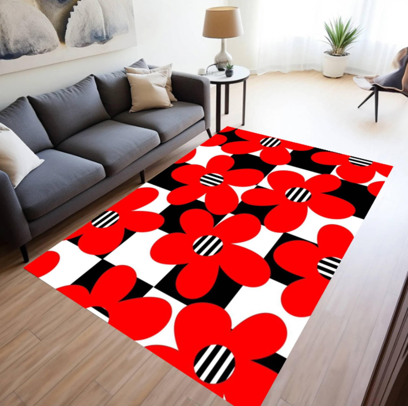 Red Floral Area Rug, Graphic Checkerboard, Washable Non-SlipTVC1708389