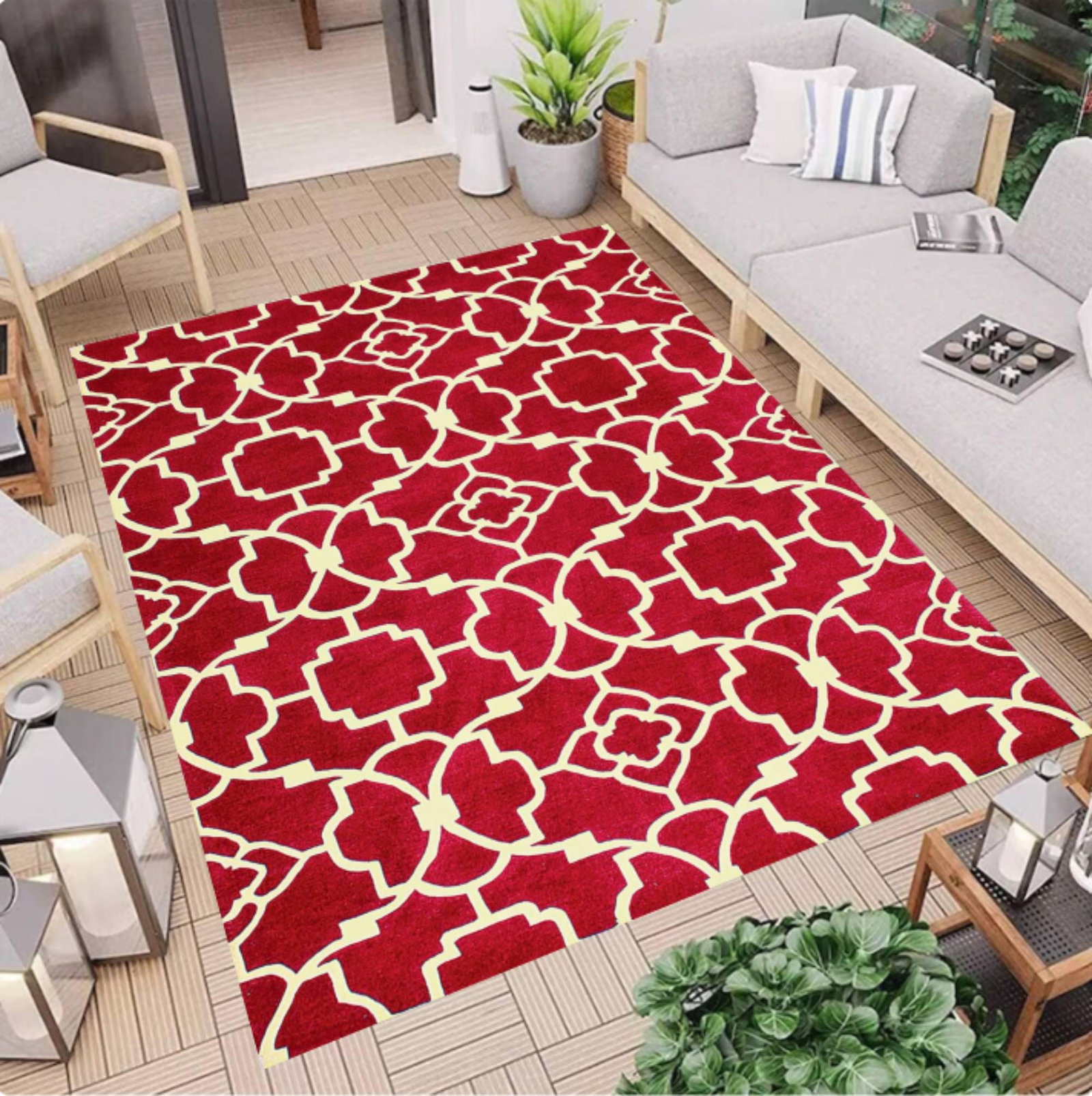 Red Moroccan Trellis Area Rug, Modern Geometric CarpetTVC1708389