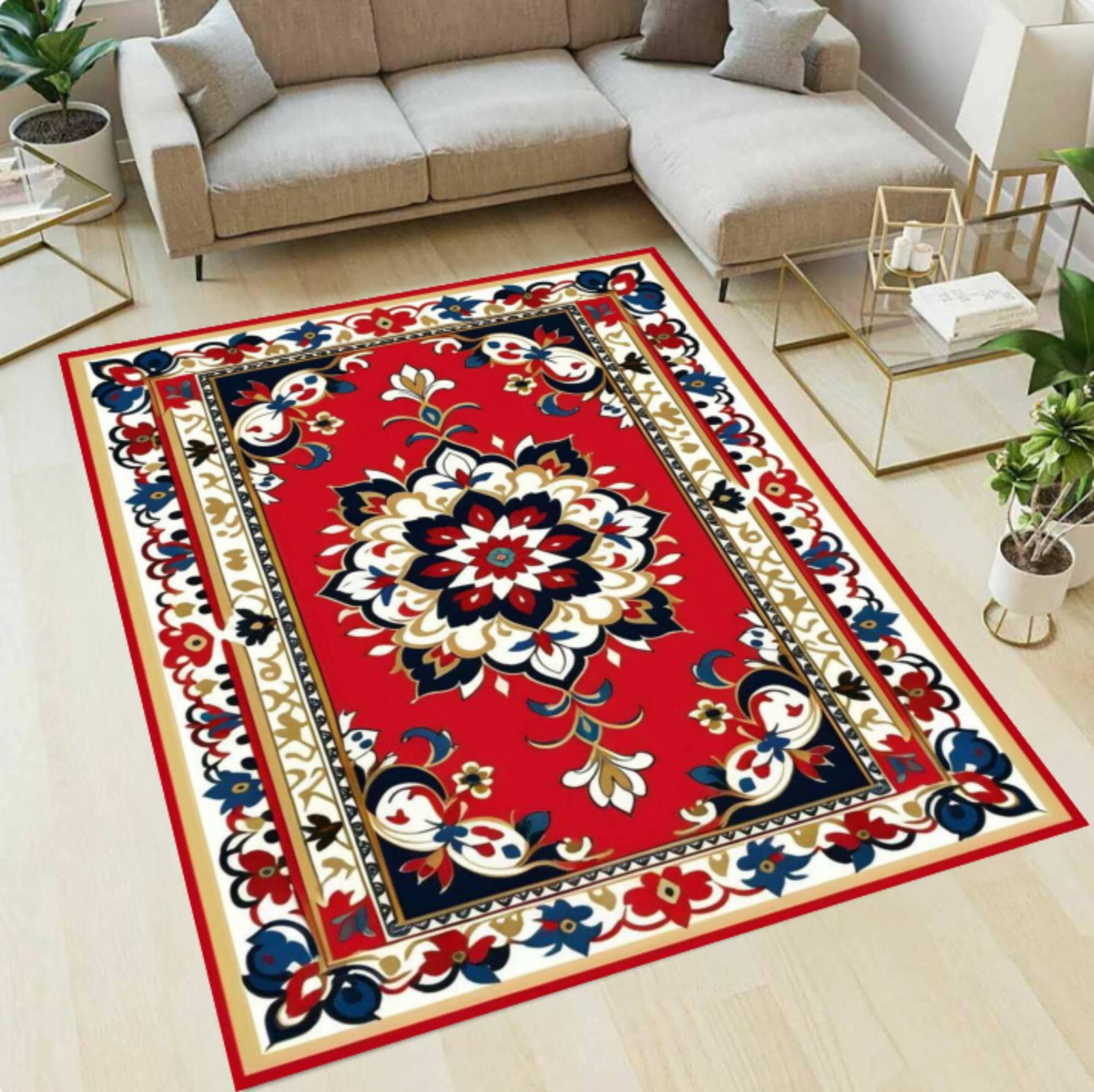 Red Oriental Area Rug, Vintage Floral Medallion CarpetTVC1708390