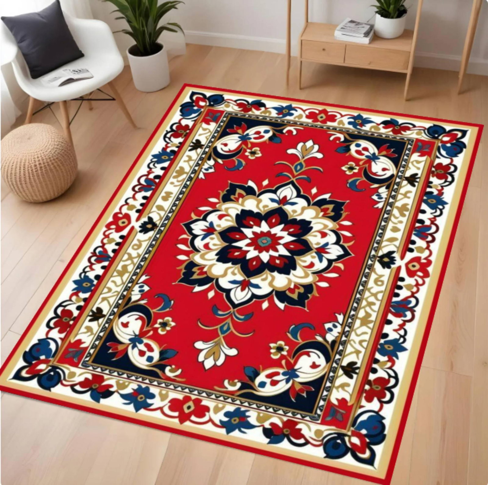 Red Oriental Rug Vintage Rug with Floral Medallion Washable Non-slipTVC1708369