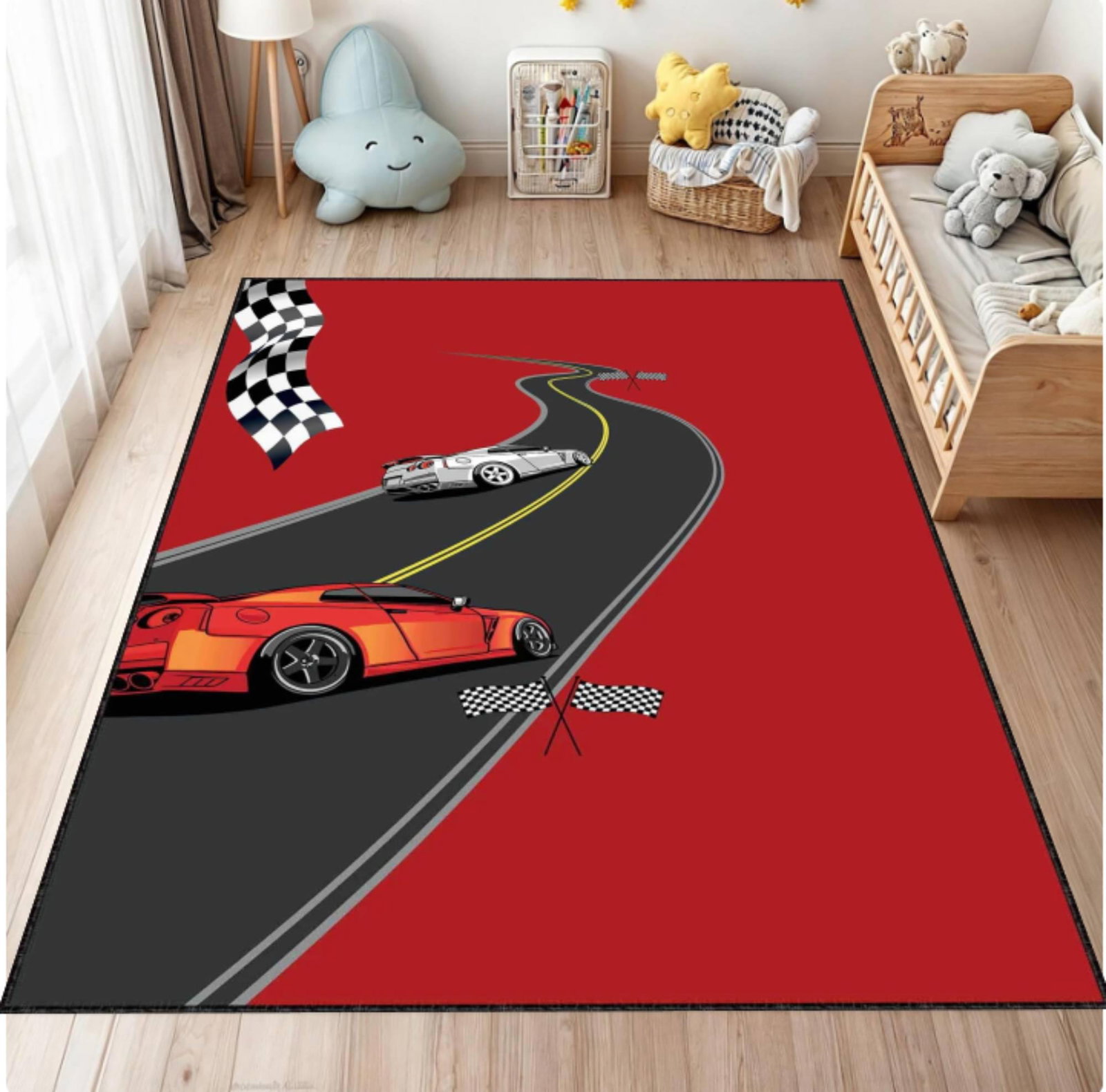 Red Race Car Kids Rug | Washable Non-Slip Playroom CarpetTVC1708358