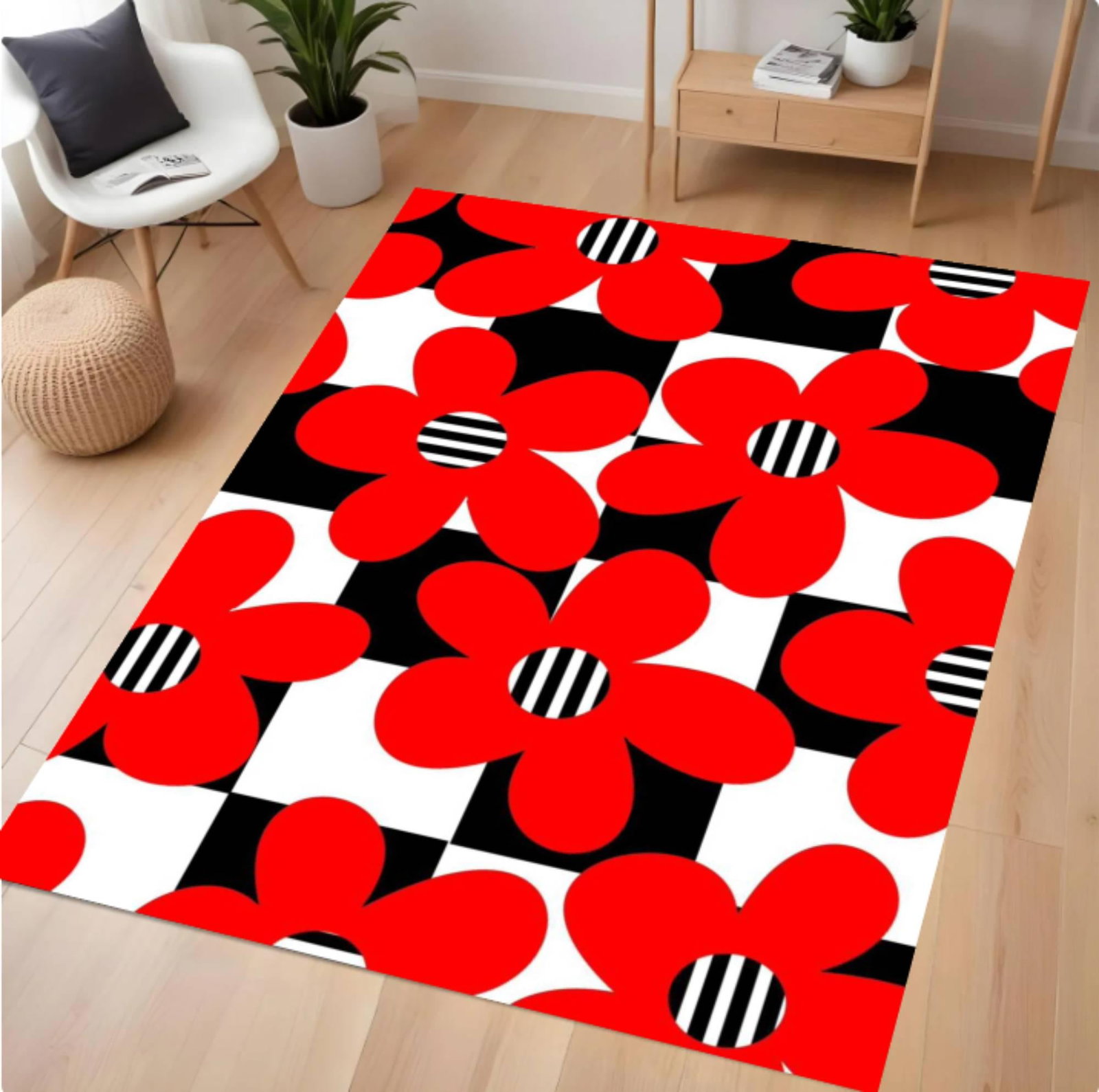 Red Rug with Floral Grafisch Checkerboard Washable Non-slipTVC1708367