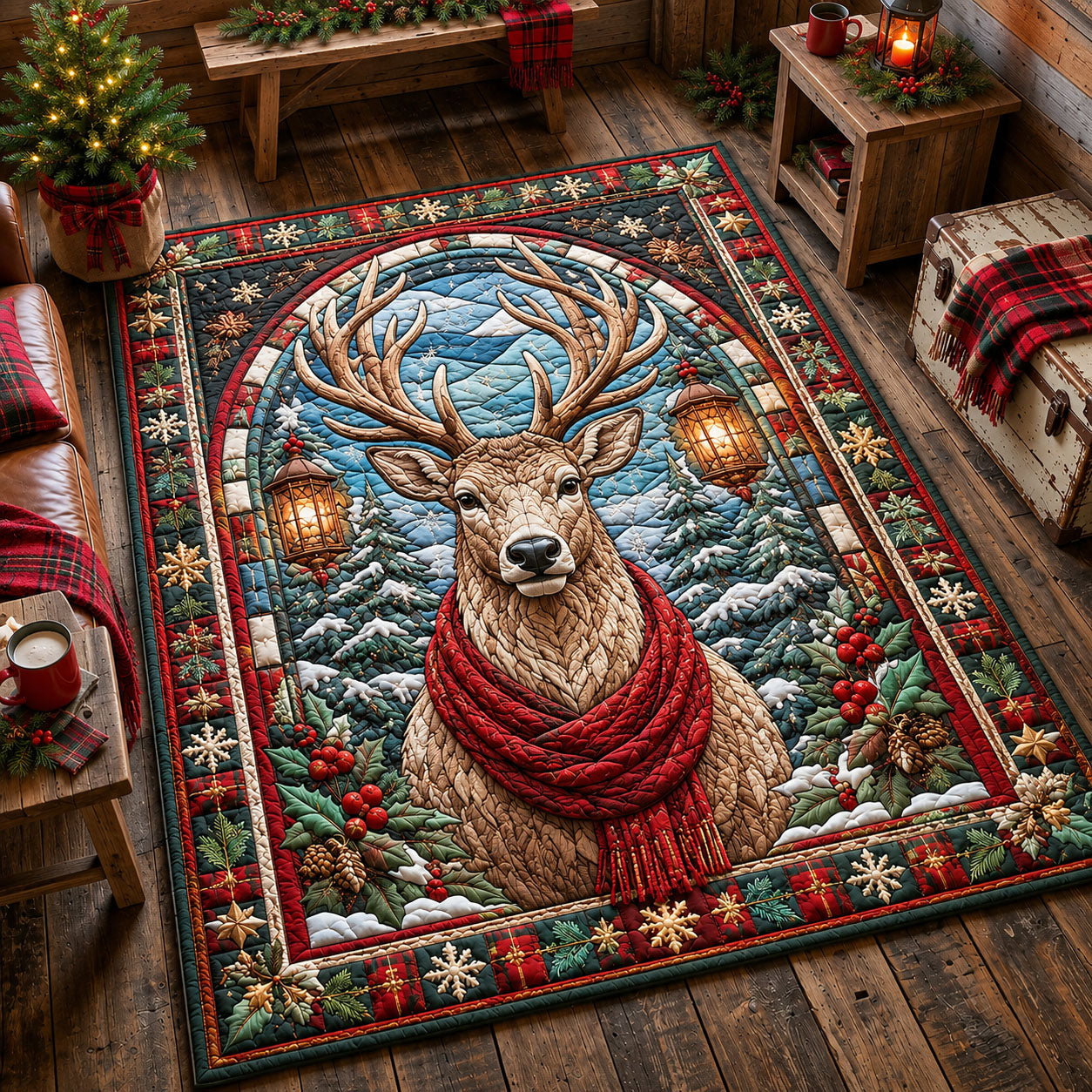 Red Scarf Deer Area Rug - Non-Slip Washable 3D Print Rug for Living Room & BedroomTVC210867