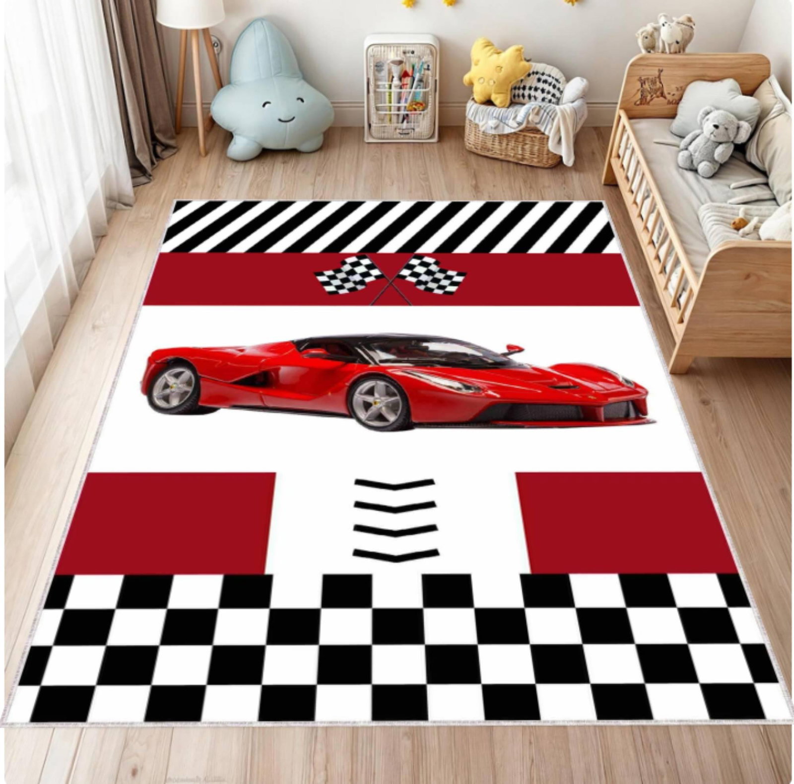 Red Supercar Kids Rug Washable Non-slip Playroom Rug RaceTVC1708358