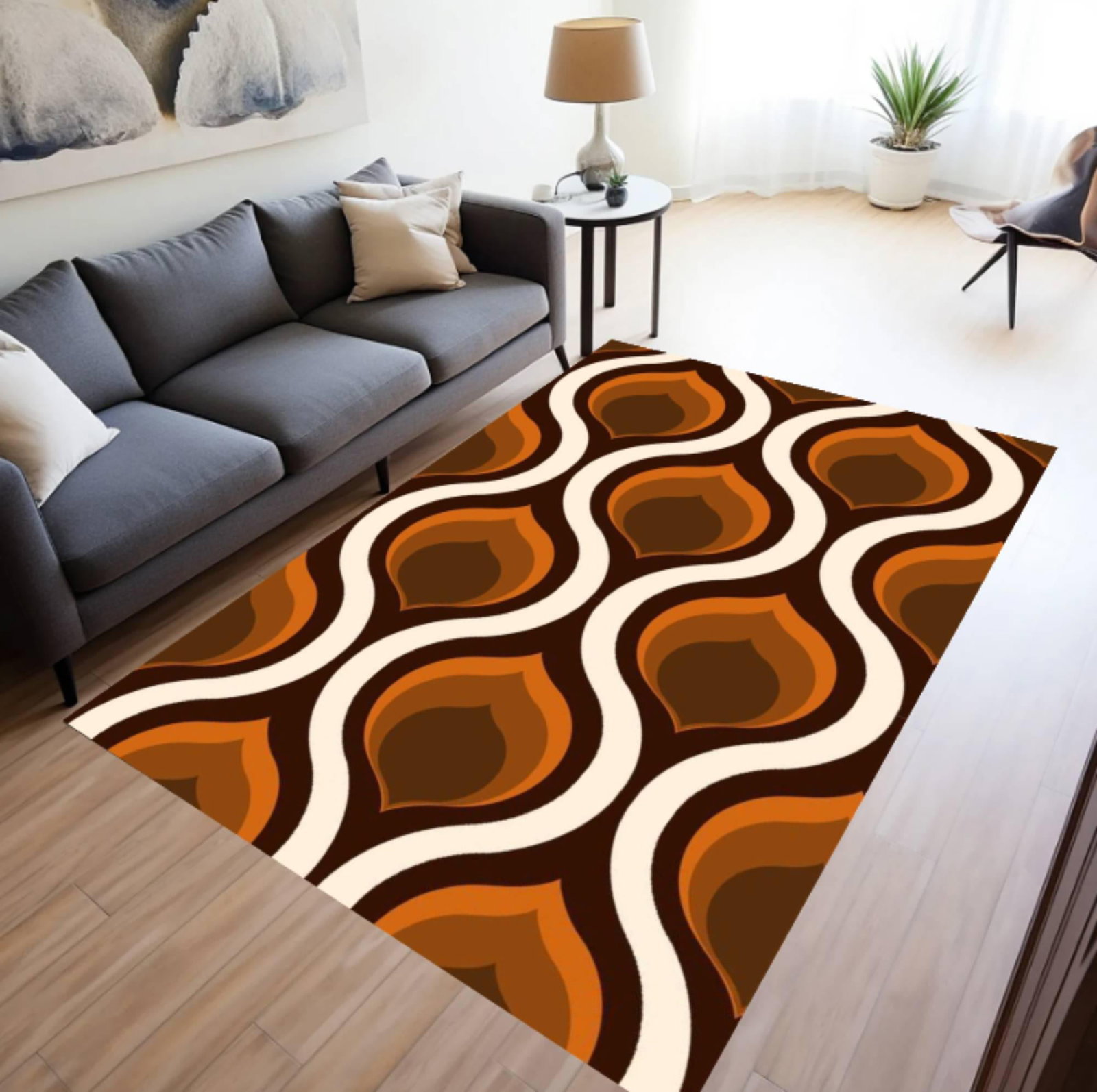 Retro 70s Groovy Area Rug, Brown Orange Wave PatternTVC1708391