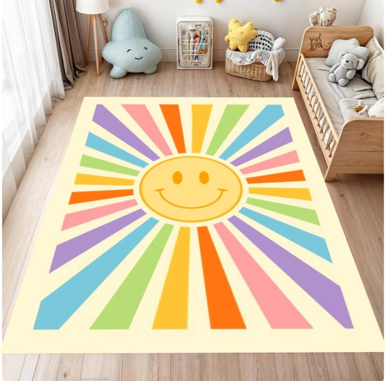 Retro Happy Face Sunburst-vloerkleed Colorful Living Room Rug Washable Non-slipTVC1708374