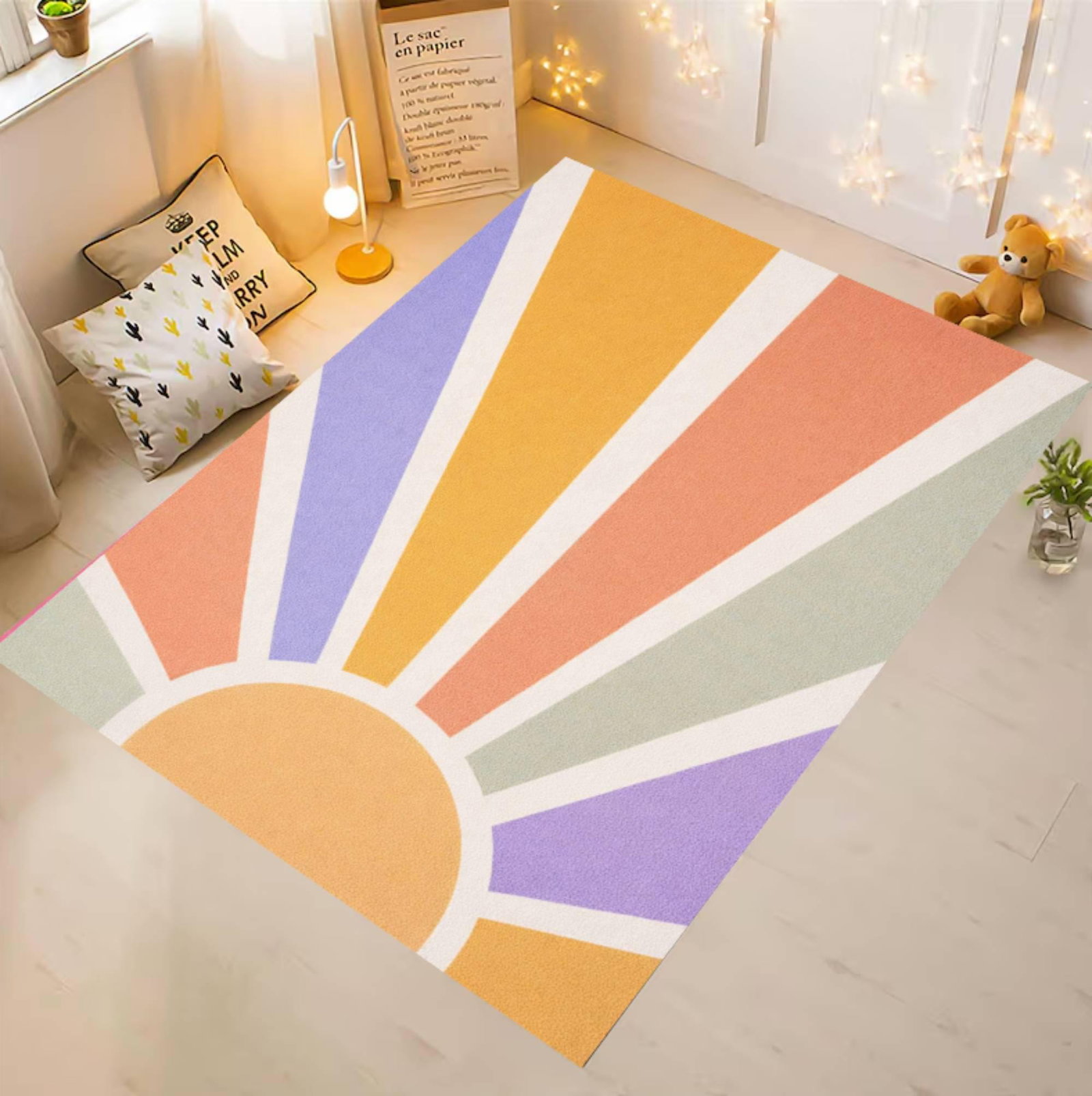 Retro Sunburst Kids Area Rug, Pastel Rainbow Nursery Carpet, Boho Playroom DecorTVC1708394
