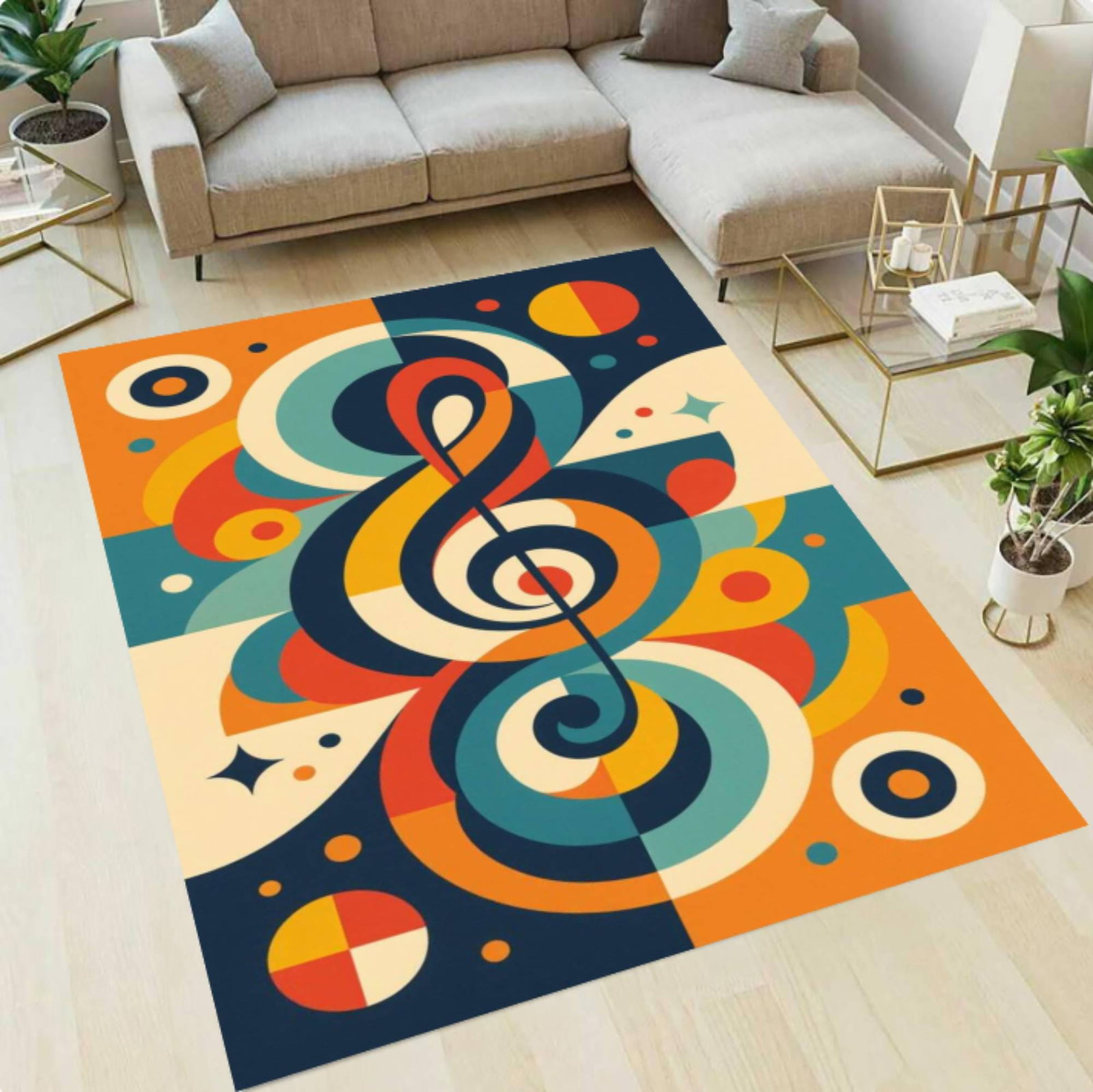 Retro Treble Clef Music Area Rug, Colorful Mid Century DecorTVC1708390