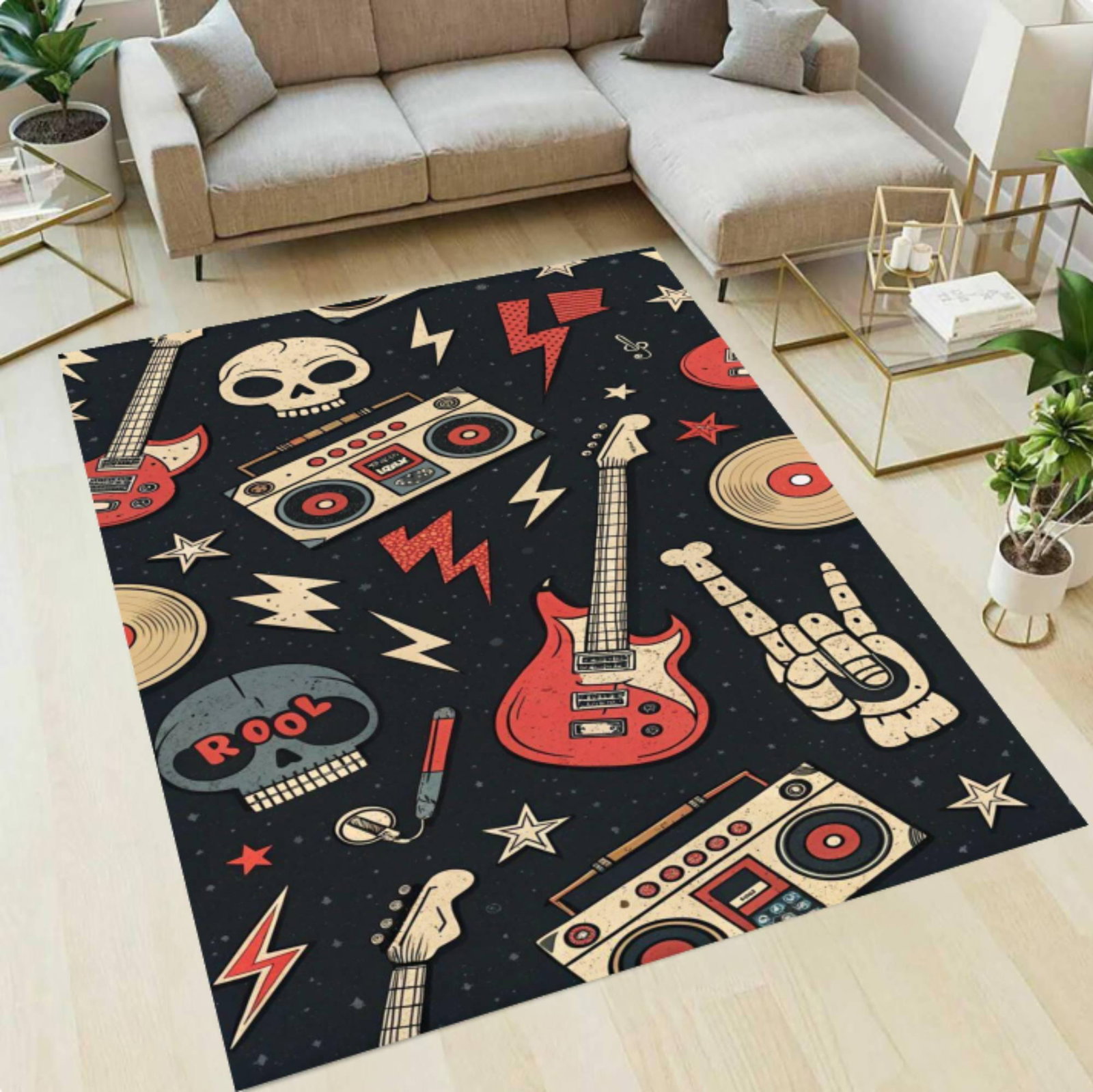Rock Music Area Rug, Guitar Skull Rocker CarpetTVC1708382