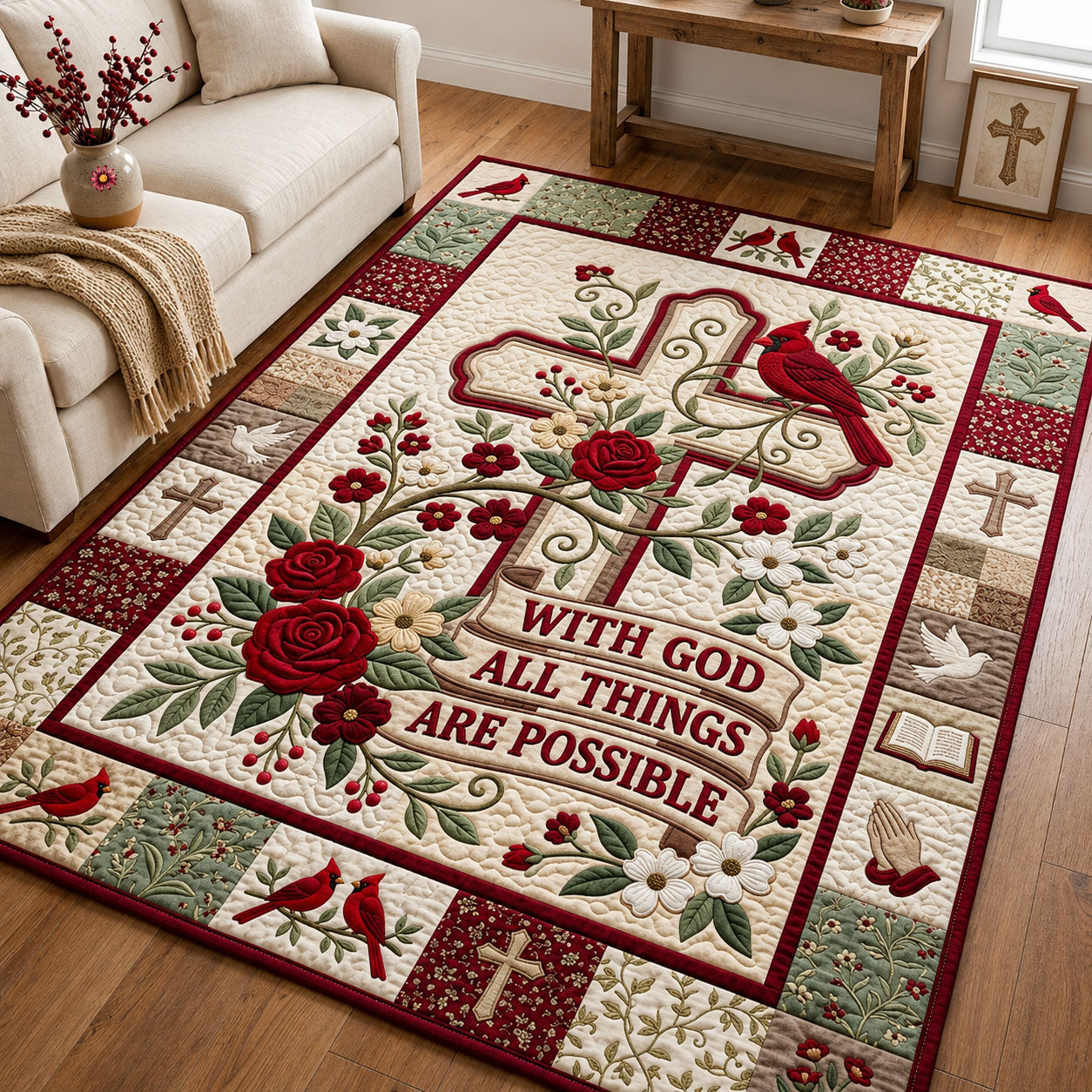 Rose Cross Cardinal Promise Area Rug - Non-Slip Washable 3D Print Rug for Living Room & BedroomTVC210858