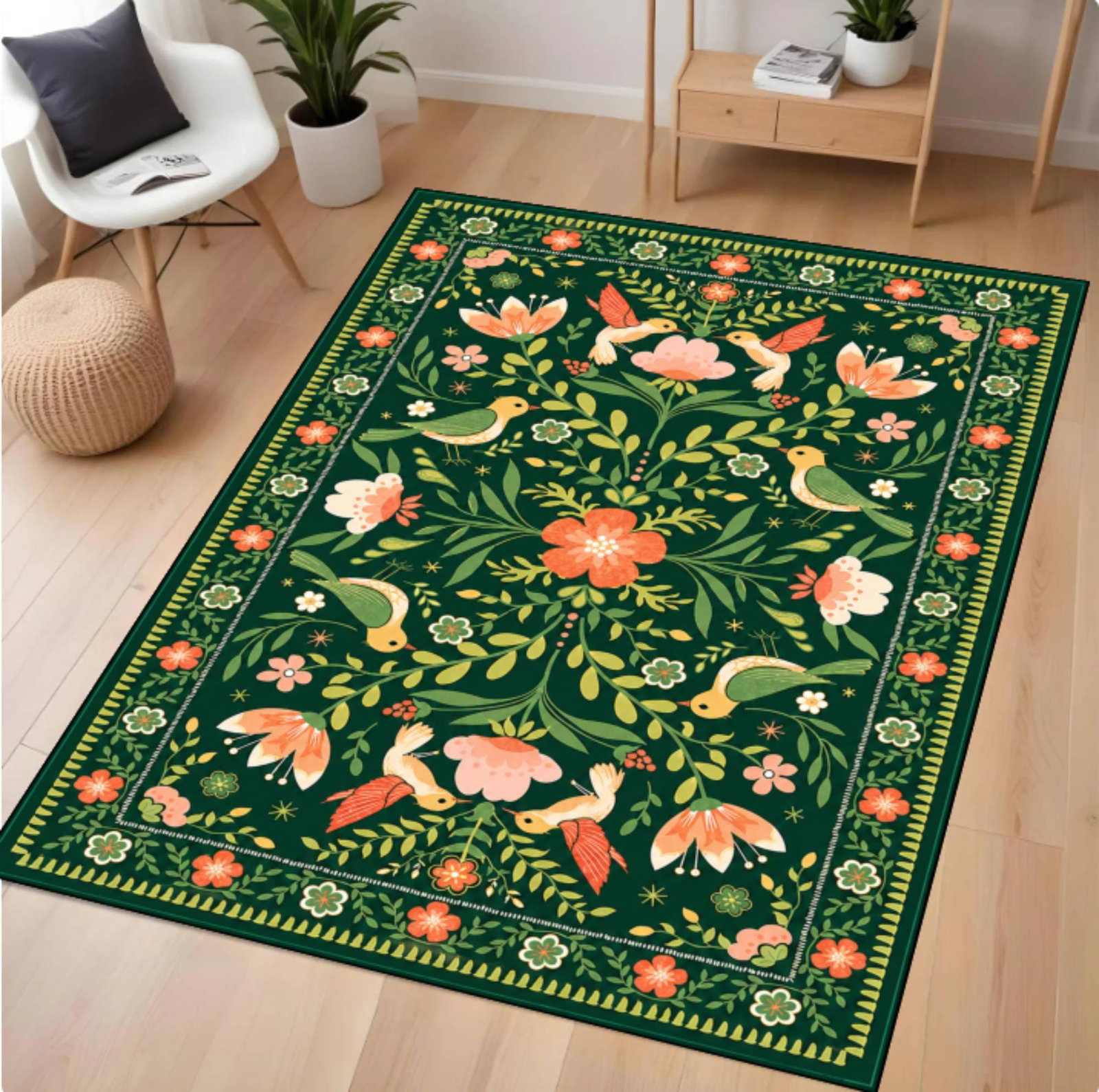 Rug Botanical Birds Folk Art Floral Rug Cottagecore Living RoomTVC1708367