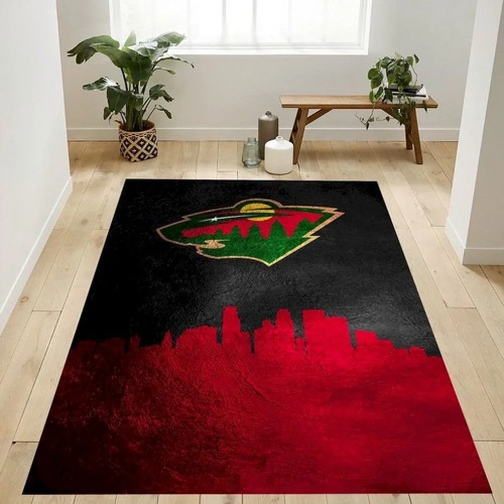Rug Featuring City Skyline and Nature Logo Design Black and Red