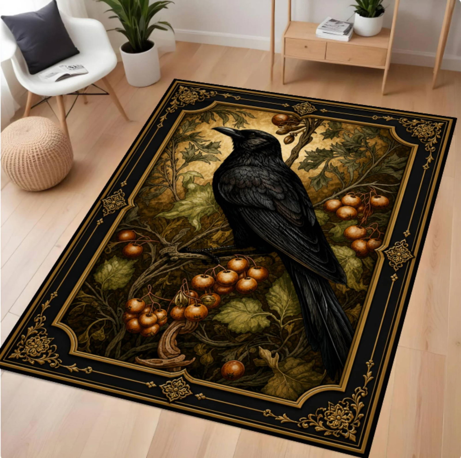 Rug Gothic Raven Dark Academia Crow-tapijt Moody Botanical Decor RugTVC1708367