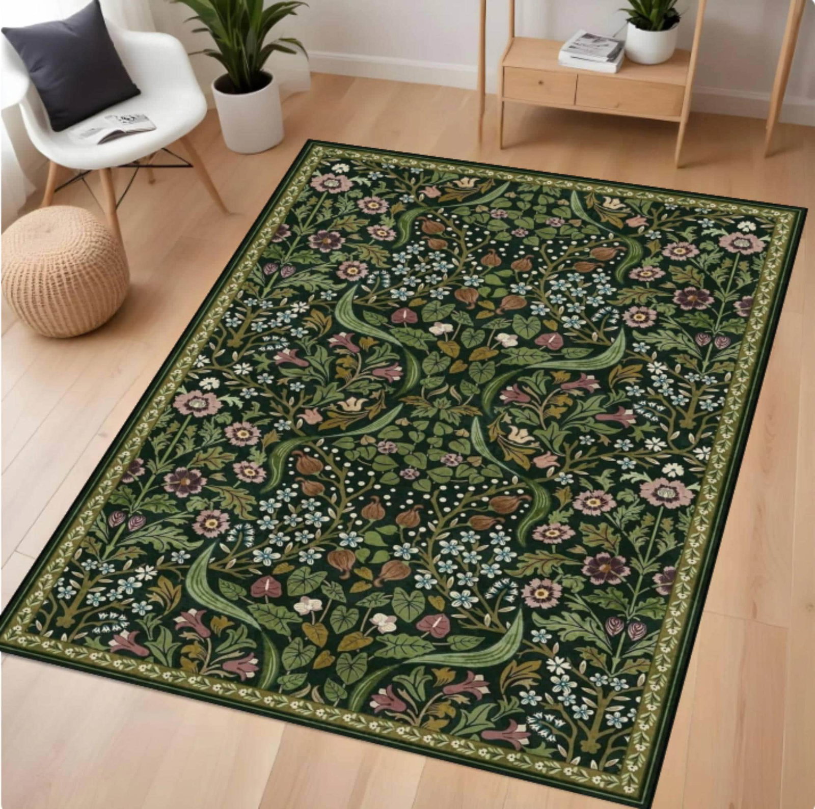 Rug in William Morris Style Gothic Floral Rug Donkergroen WashableTVC1708372