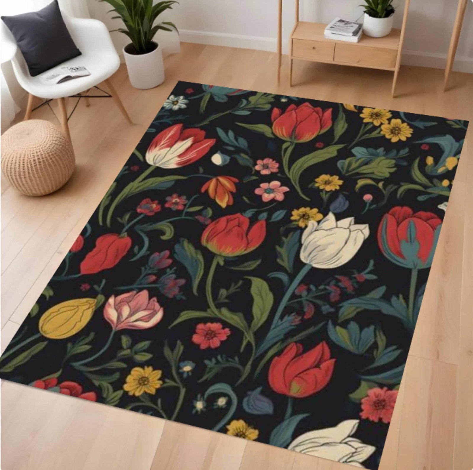 Rug with Dark Floral Vintage Botanical Tulip Moody Cottagecore DecorTVC1708375