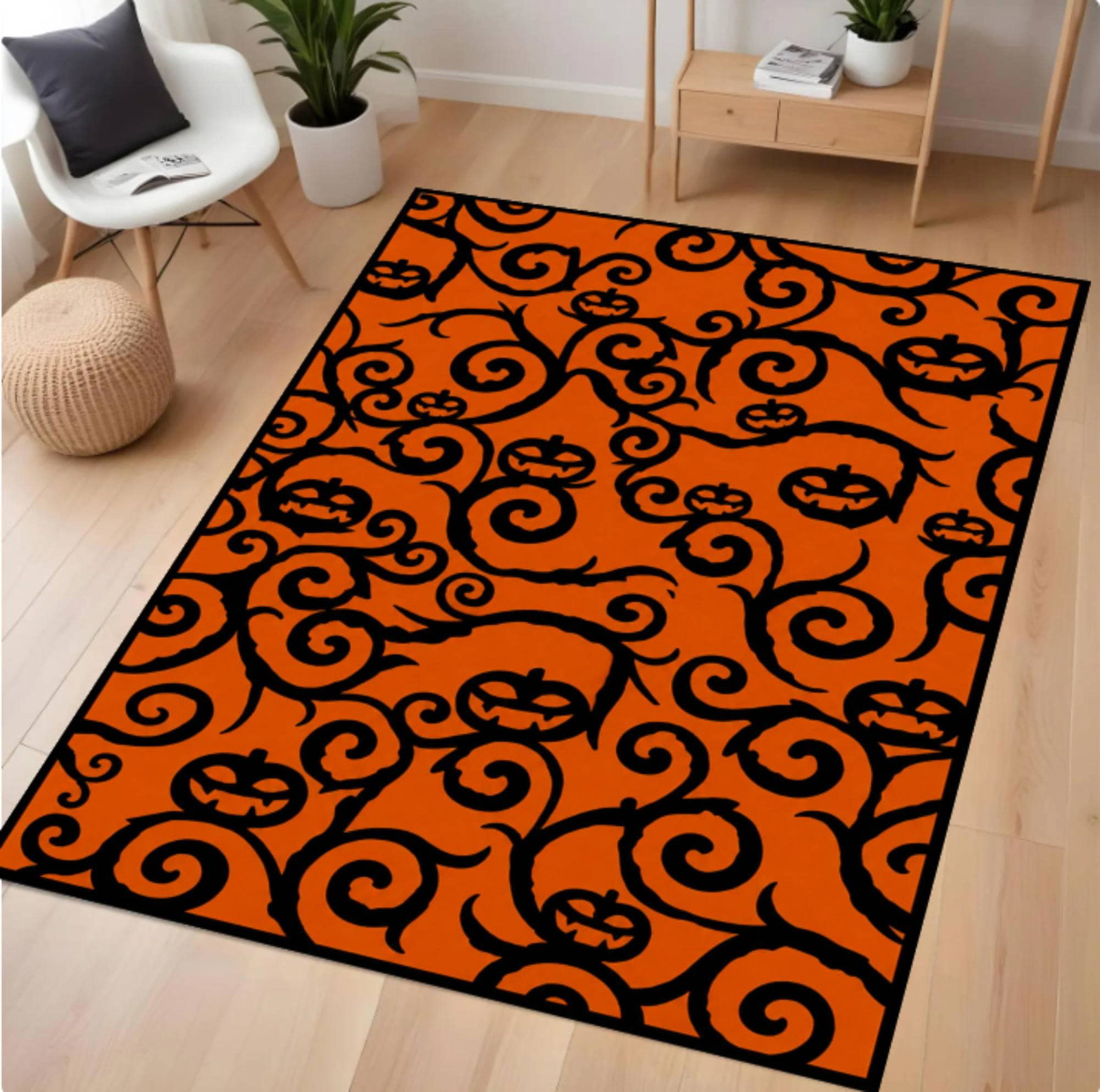 Rug with Halloween Pumpkin Pattern Washable and Non-slip Spooky Jack-o'-lanternTVC1708375