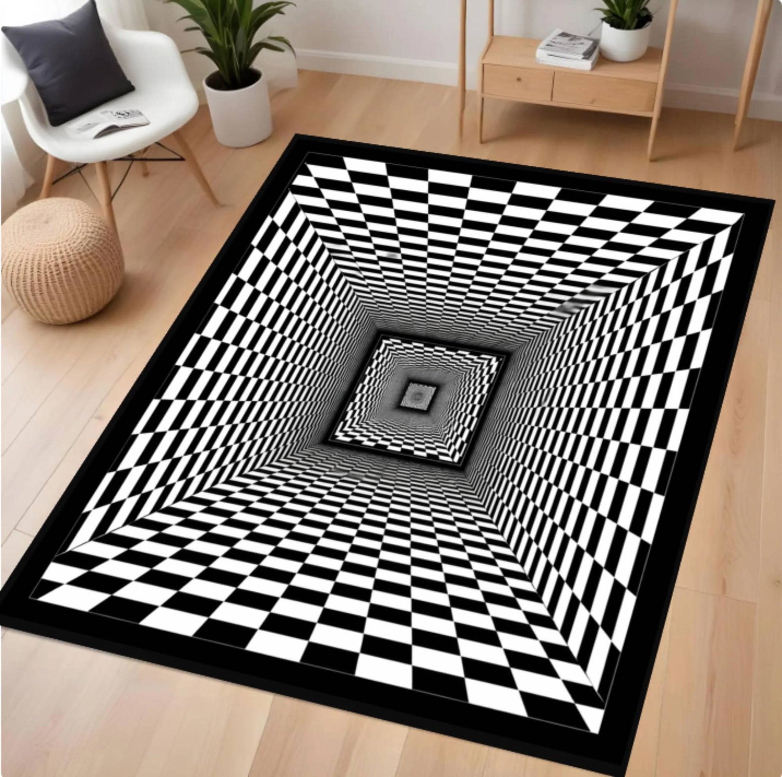 Rug with Optical Illusion Black and White Checkered 3D-tunnel WashableTVC1708373