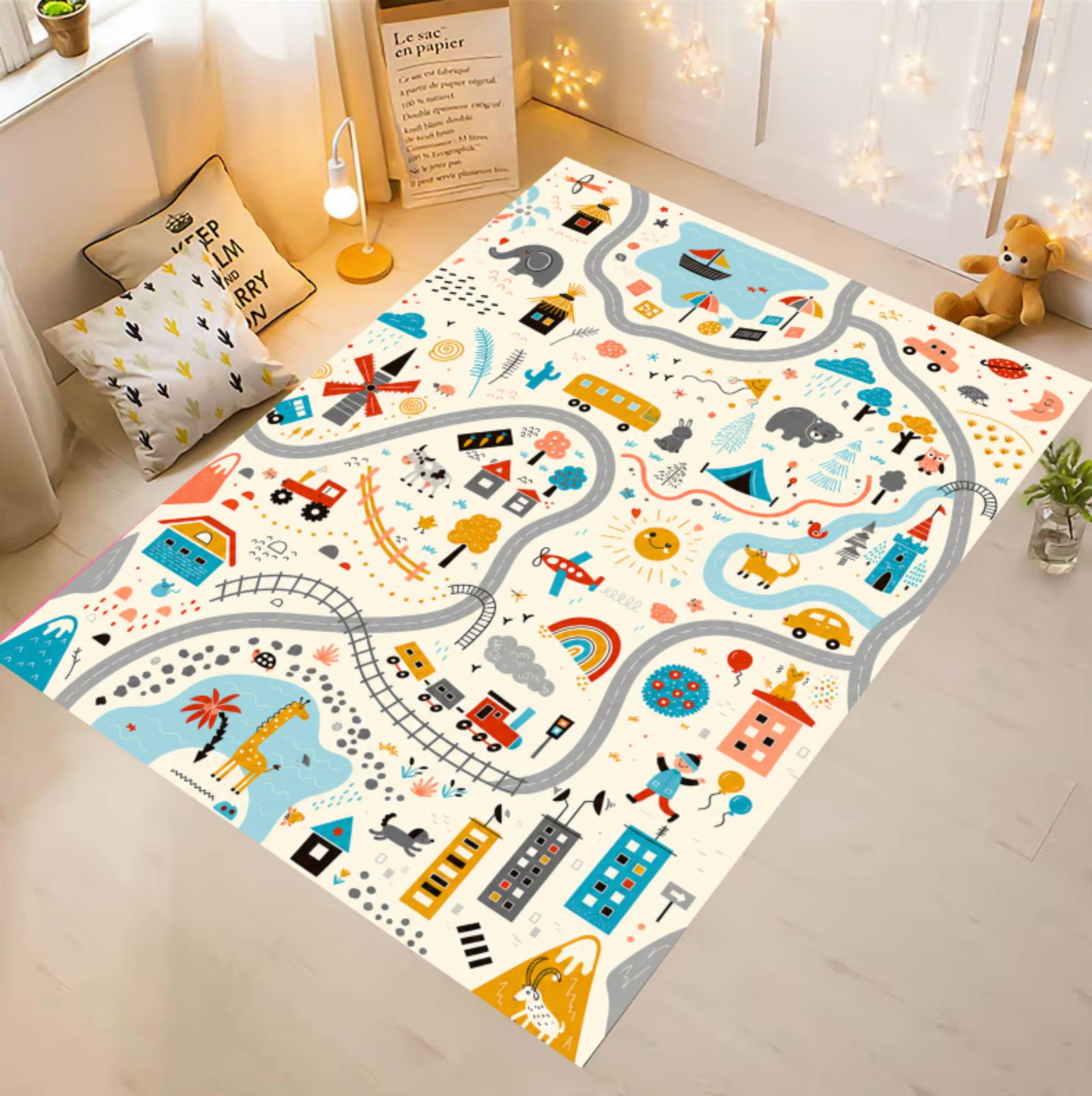 Rug with Road Map for Kids Washable Non-slip Playroom RugTVC1708371