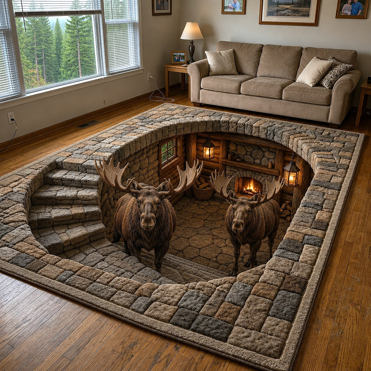 Rustic Moose Area Rug - Non-Slip Washable 3D Print Rug for Living Room & Bedroom (DesignTVC2108188
