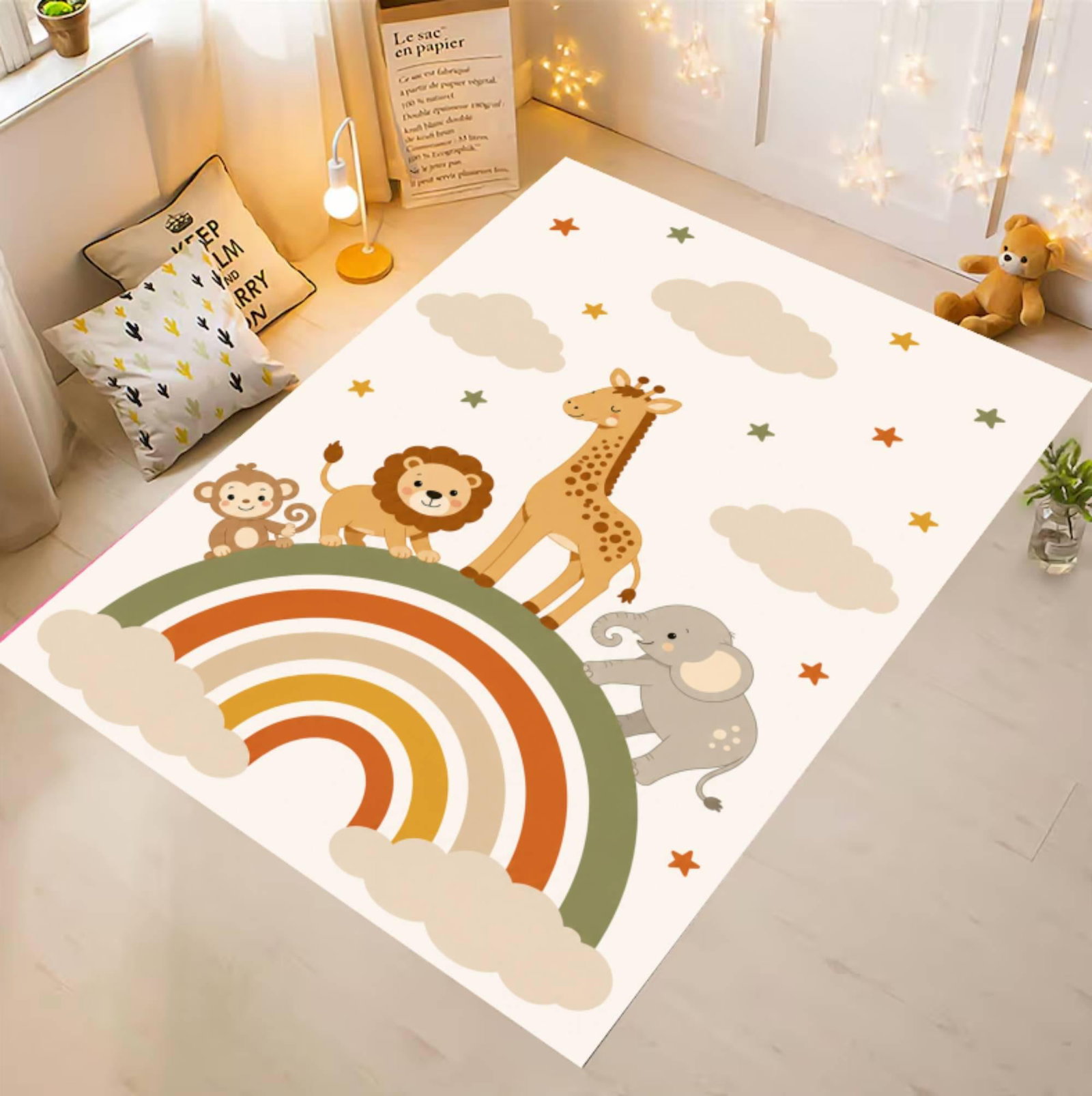 Safari Rainbow Animals Kids Rug Washable Playroom Rug Nursery DecorTVC1708375