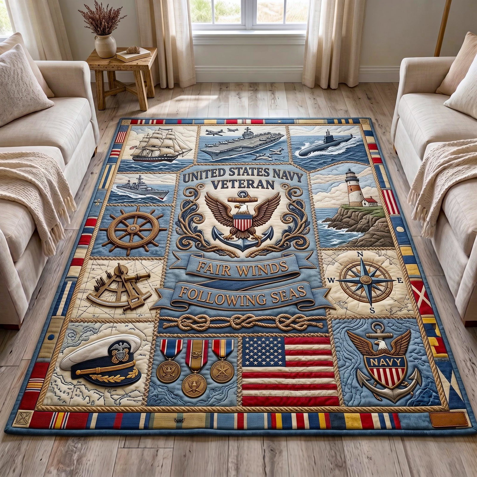 Sailor Lighthouse Patchwork Area Rug - Non-Slip Washable 3D Print Rug for Living Room & BedroomTVC210860