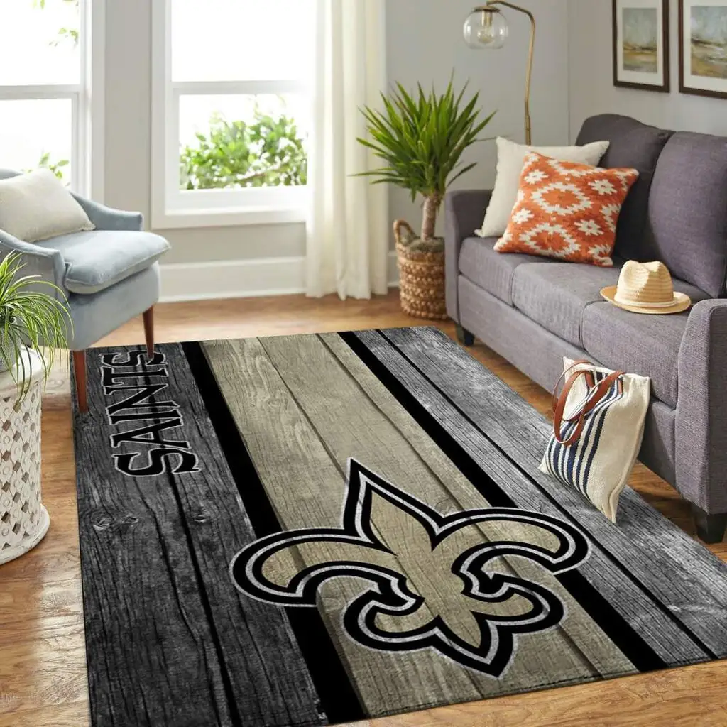 Saints Logo Rug Wood Plank Design for Living Room Black and Gray