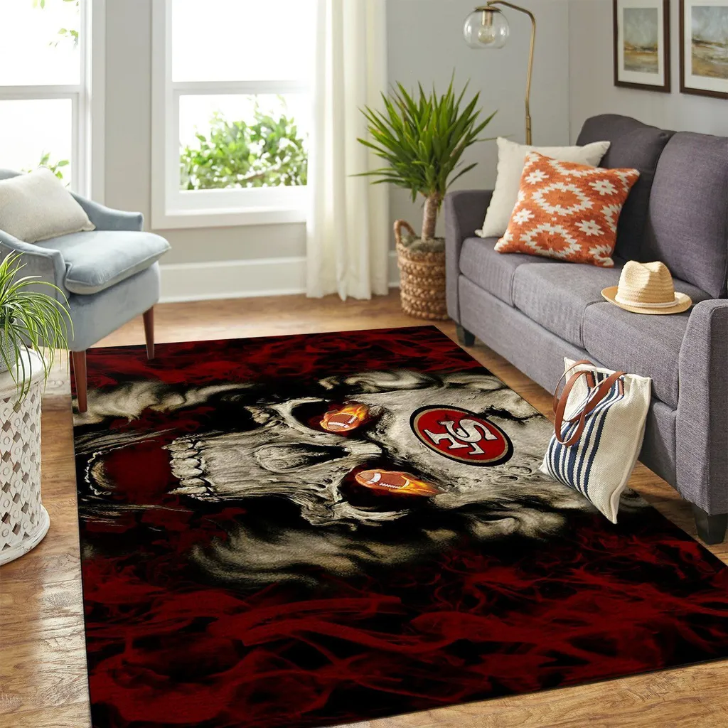 San Francisco 49ers Rug - Skull Design Football Carpet Black and Red