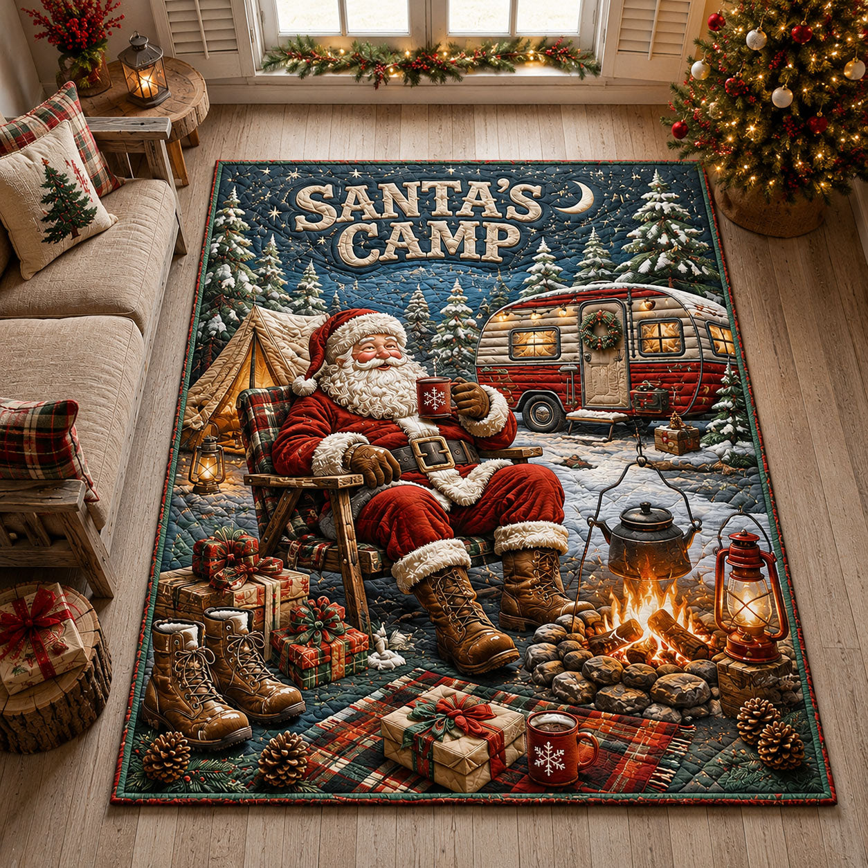Santa Camp Fireside Rest Area Rug - Non-Slip Washable 3D Print Rug for Living Room & BedroomTVC210865