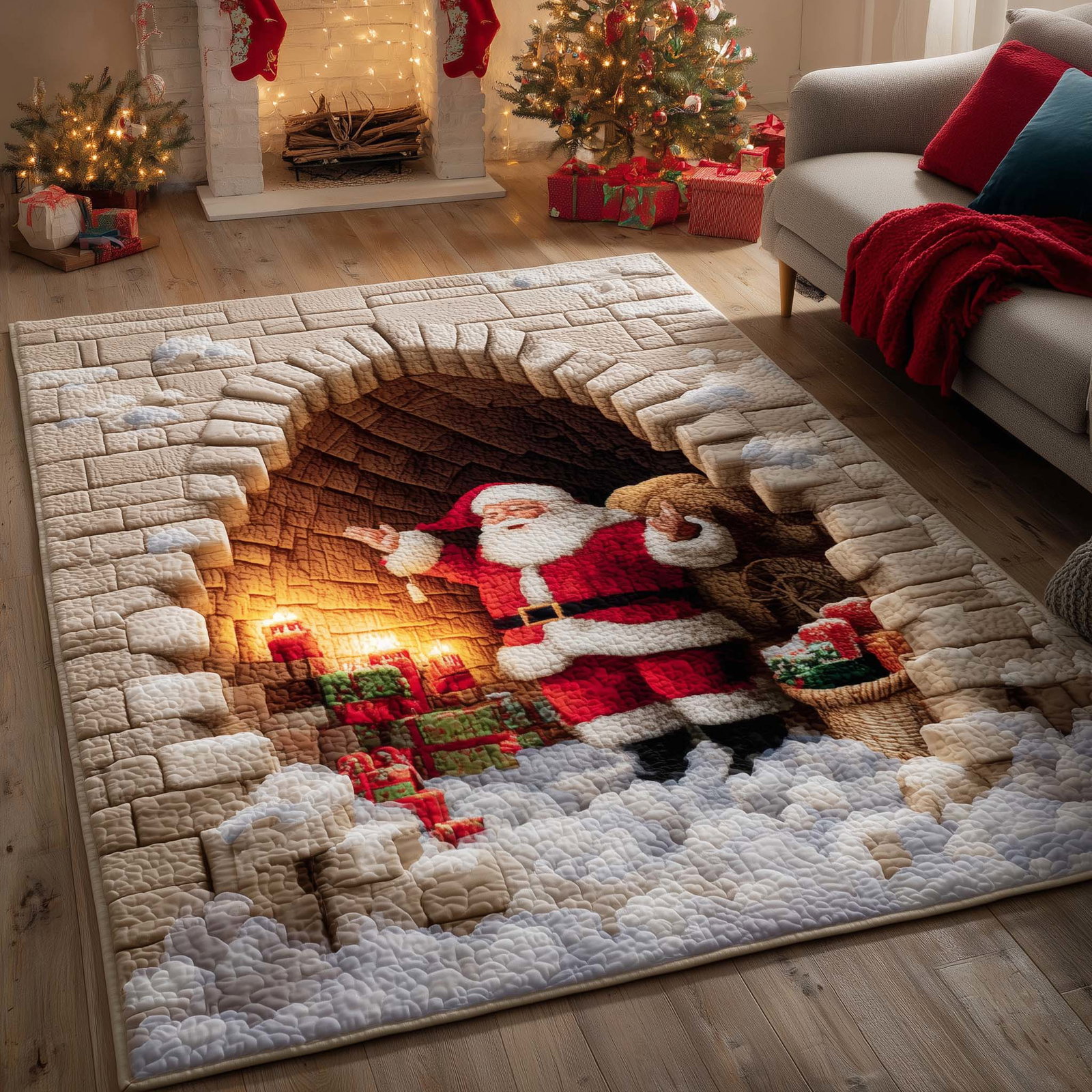Santa Chimney Tunnel Christmas Area Rug - Non-Slip Washable 3D Print Rug for Living Room & BedroomTVC2108145