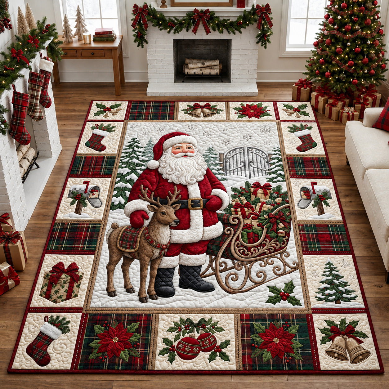 Santa Reindeer Sleigh Quilt Area Rug - Non-Slip Washable 3D Print Rug for Living Room & BedroomTVC210862
