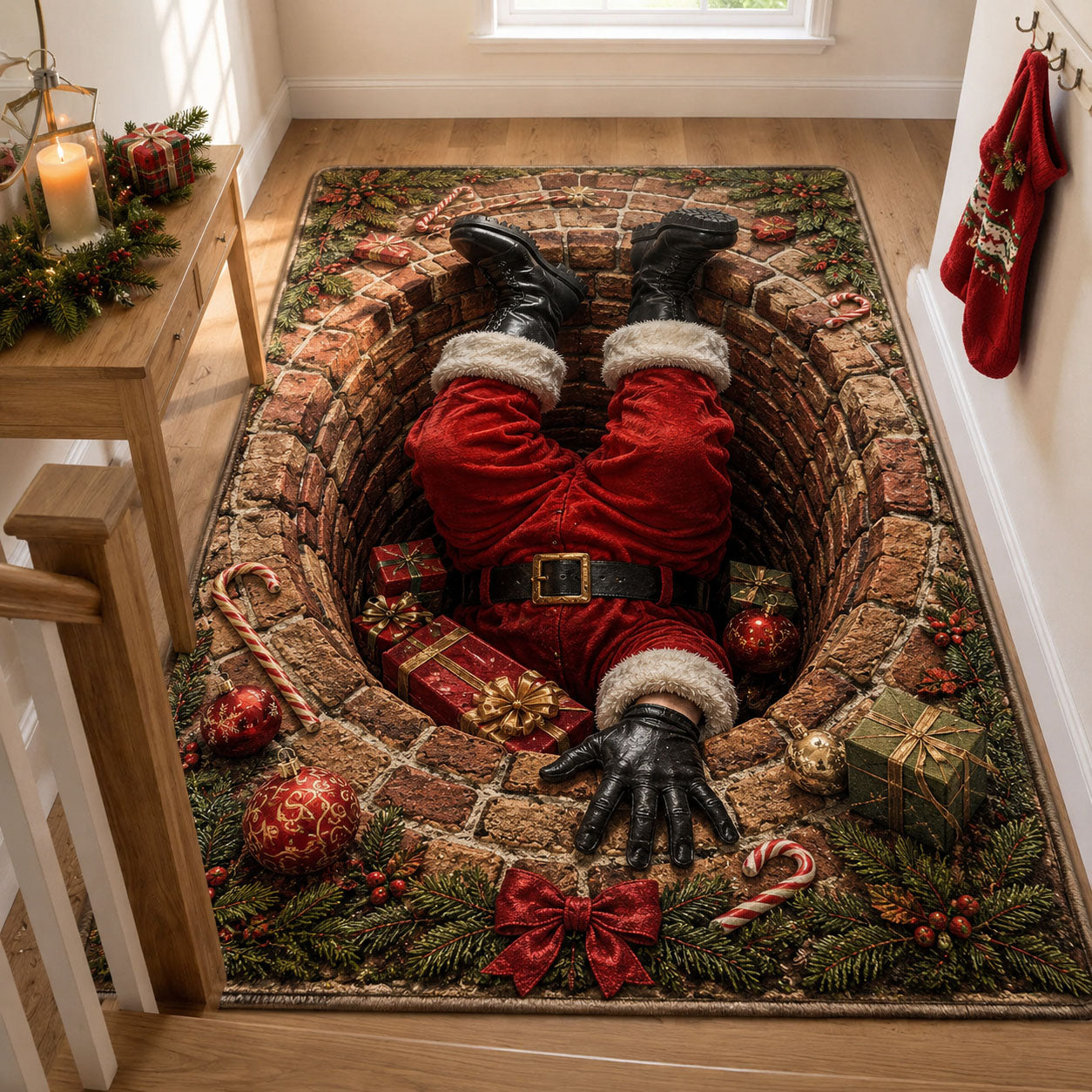 Santa Stuck Upside Down Area Rug - Non-Slip Washable 3D Print Rug for Living Room & BedroomTVC210867