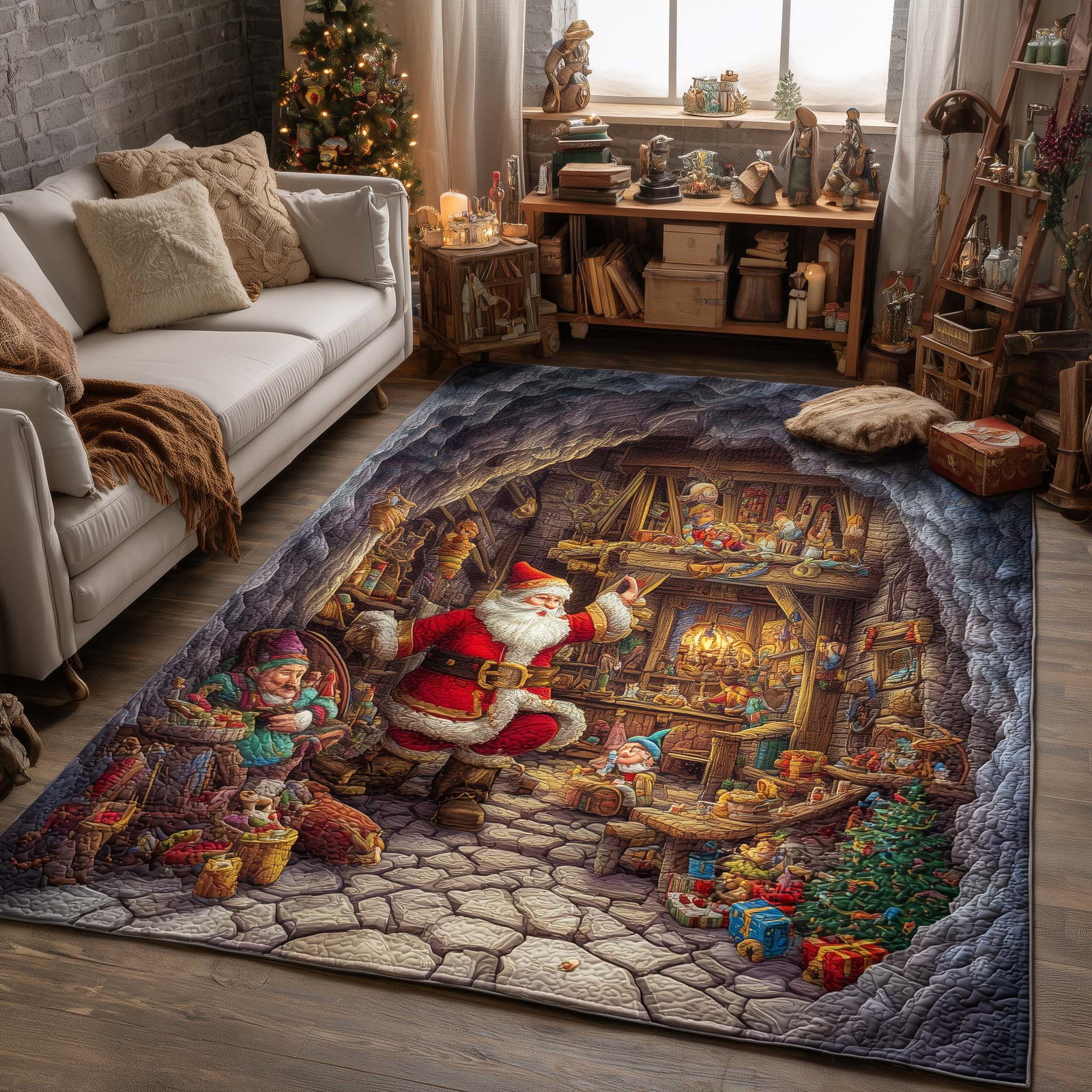 Santa Workshop Wonder Christmas Area Rug - Non-Slip Washable 3D Print Rug for Living Room & Bedroom (DesignTVC2108168