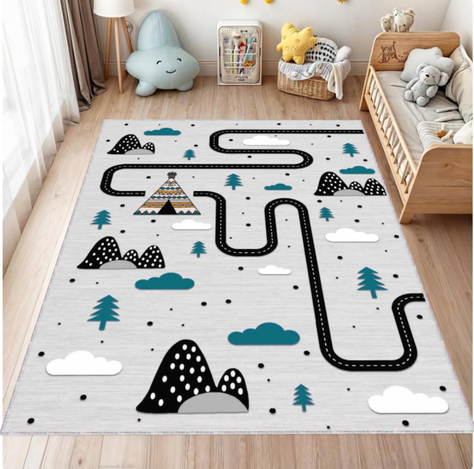 Scandinavian Road Play Kids Rug | Washable Adventure Playroom CarpetTVC1708356