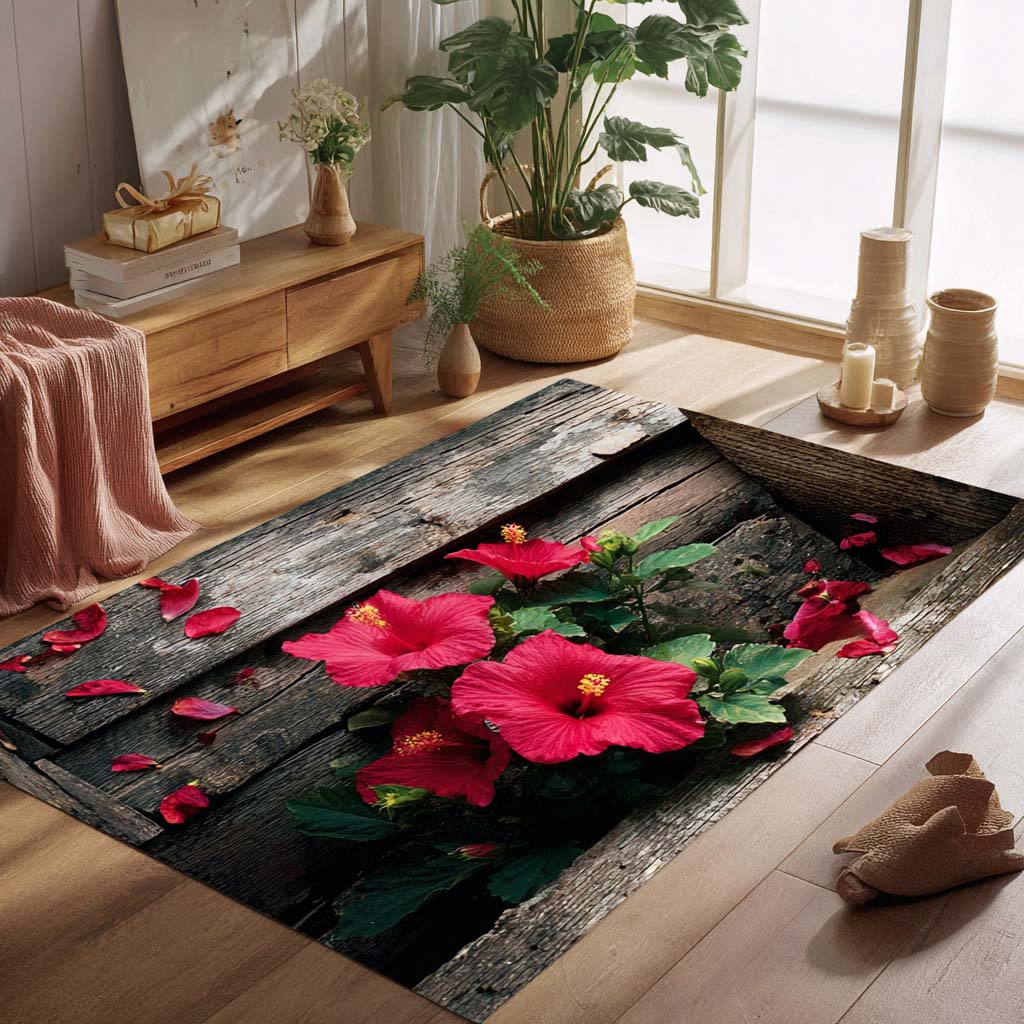 Scarlet Hibiscus Area Rug - Non-Slip Washable 3D Print Rug for Living Room & BedroomTVC2108123