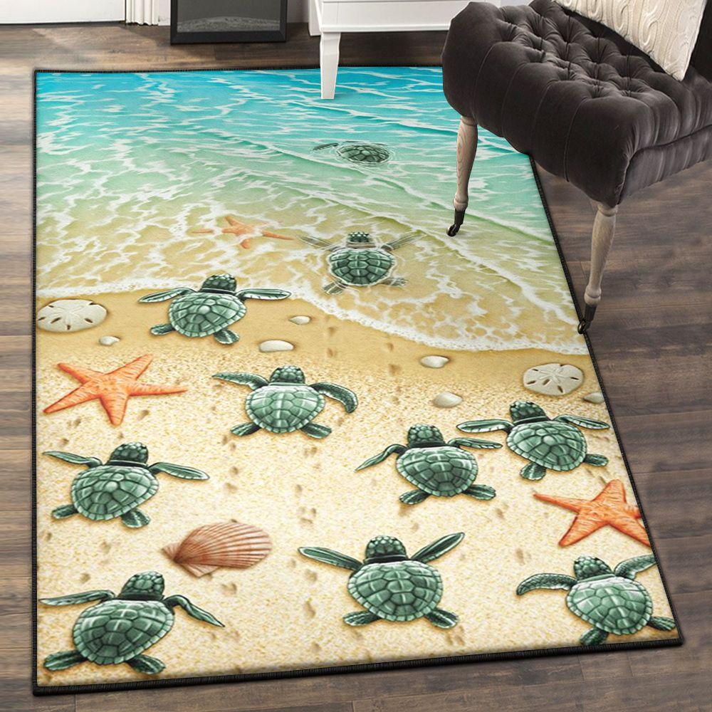 Sea Turtle Swimming Indoor Outdoor Carpet, Baby Turtles On The Beach Rug