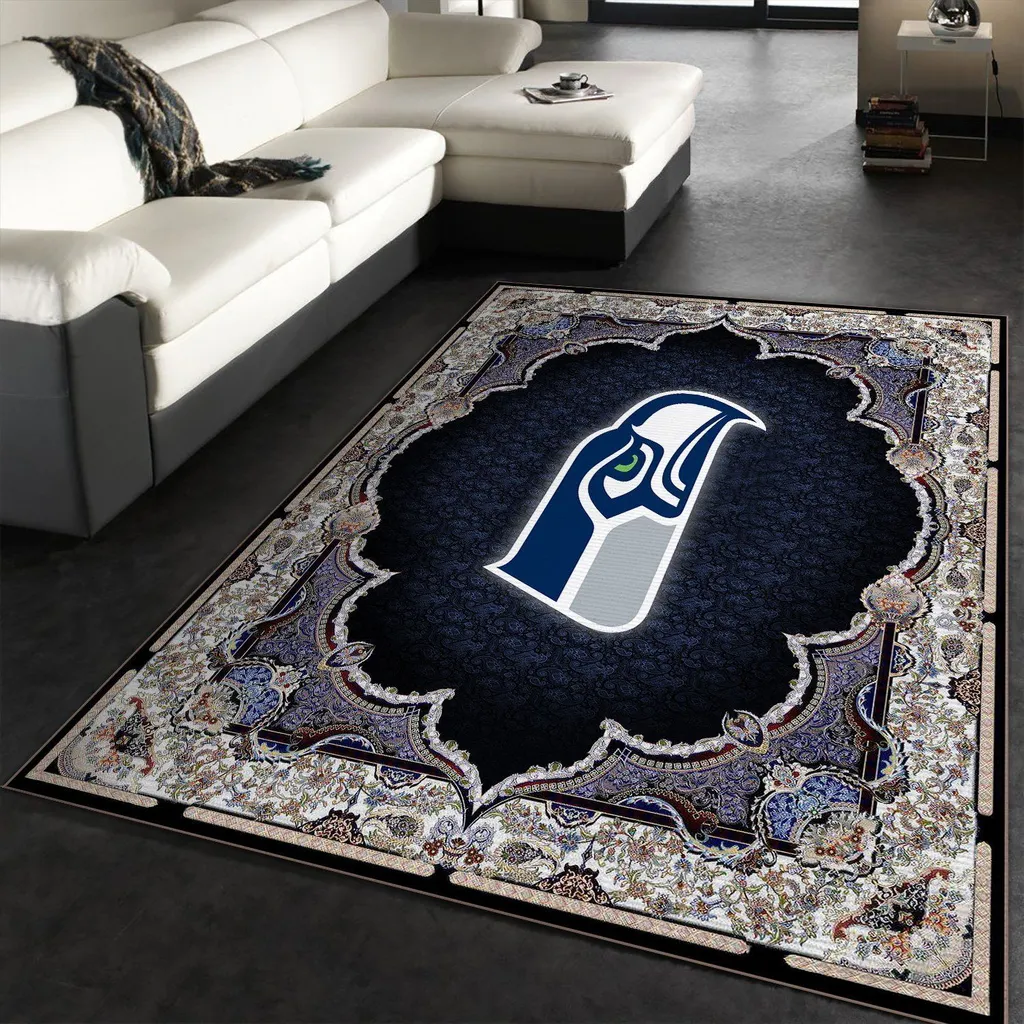 Seahawks Logo Rug with Decorative Ornate Border Blue and White